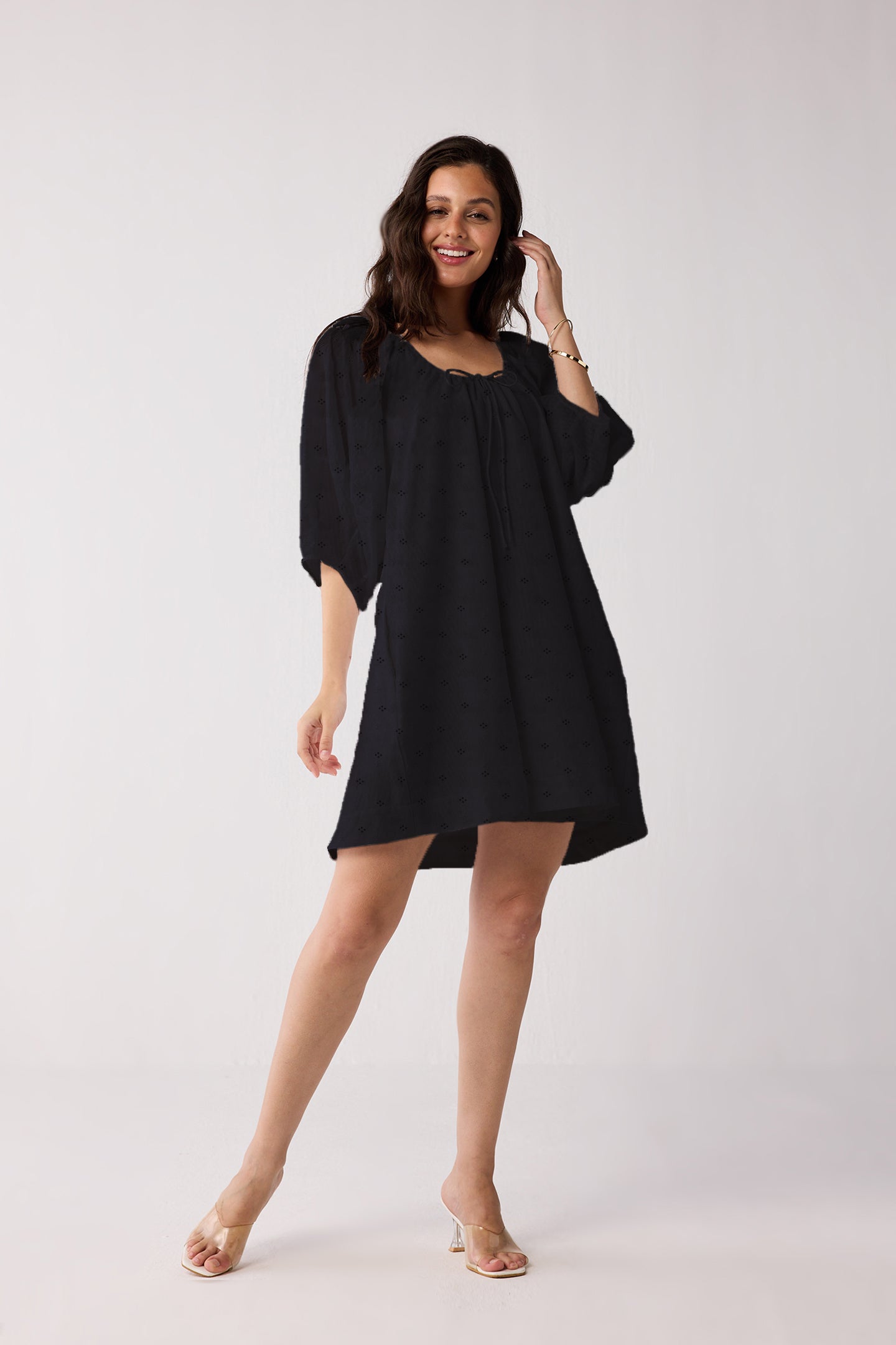 Puff Sleeved Dress with Drawstring Neckline in Black
