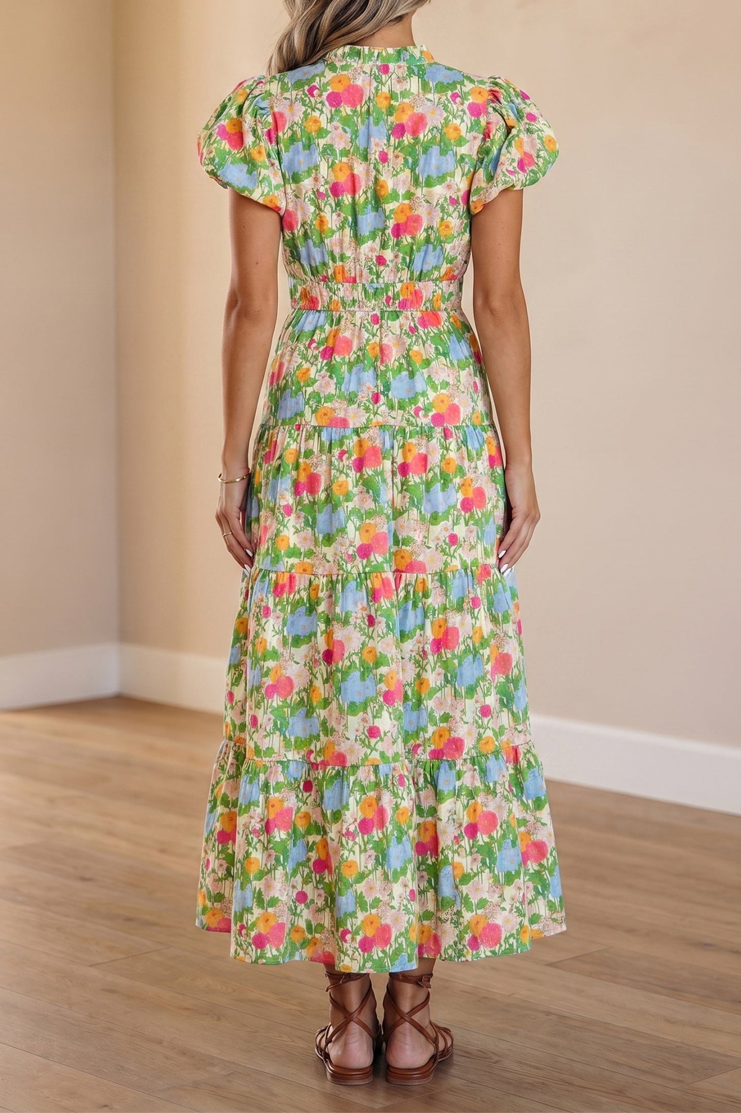 Floral V-Neck Short Puff Sleeve Maxi Dress