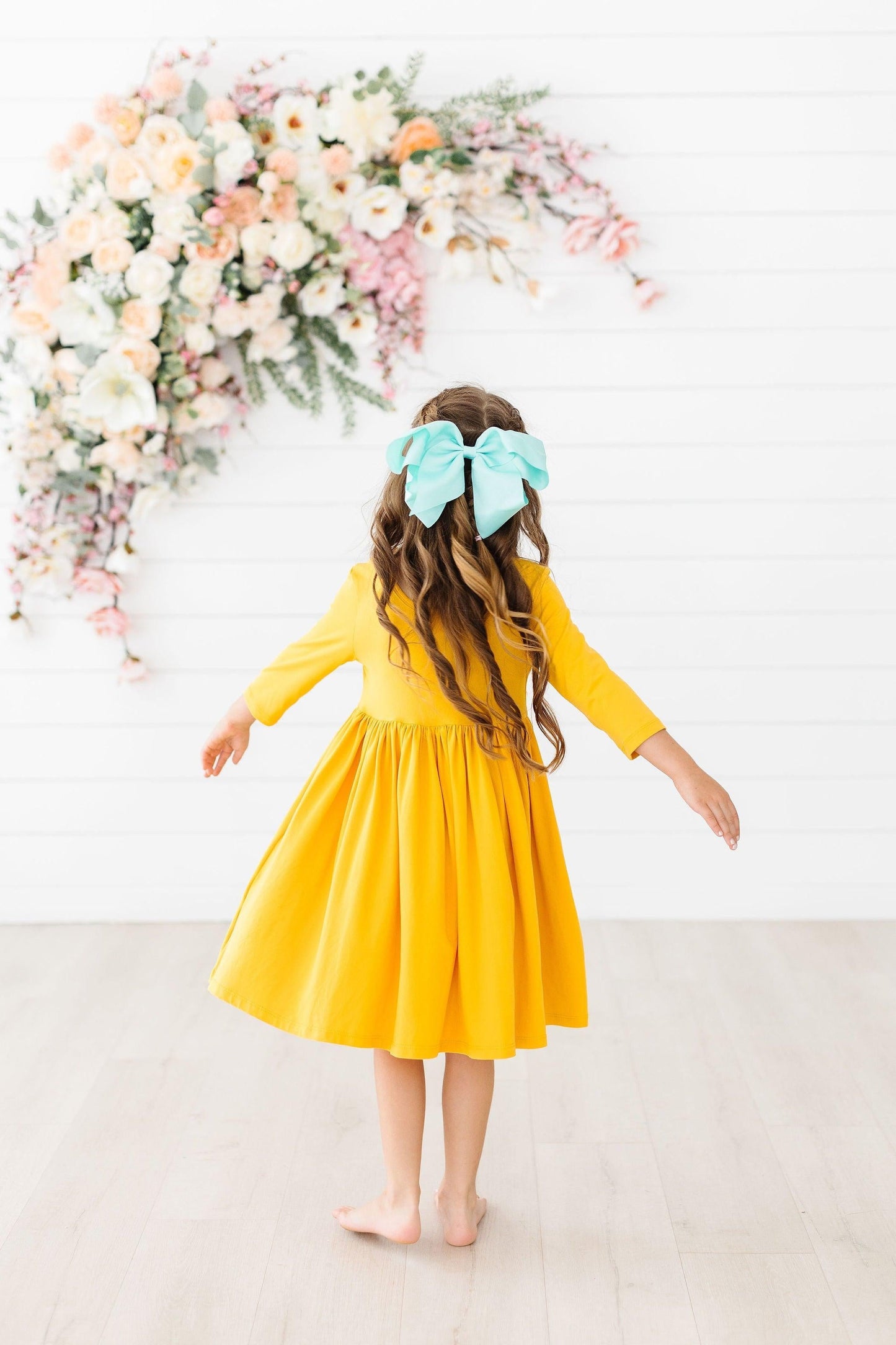Mustard 3/4 Sleeve Pocket Twirl Dress For Girls