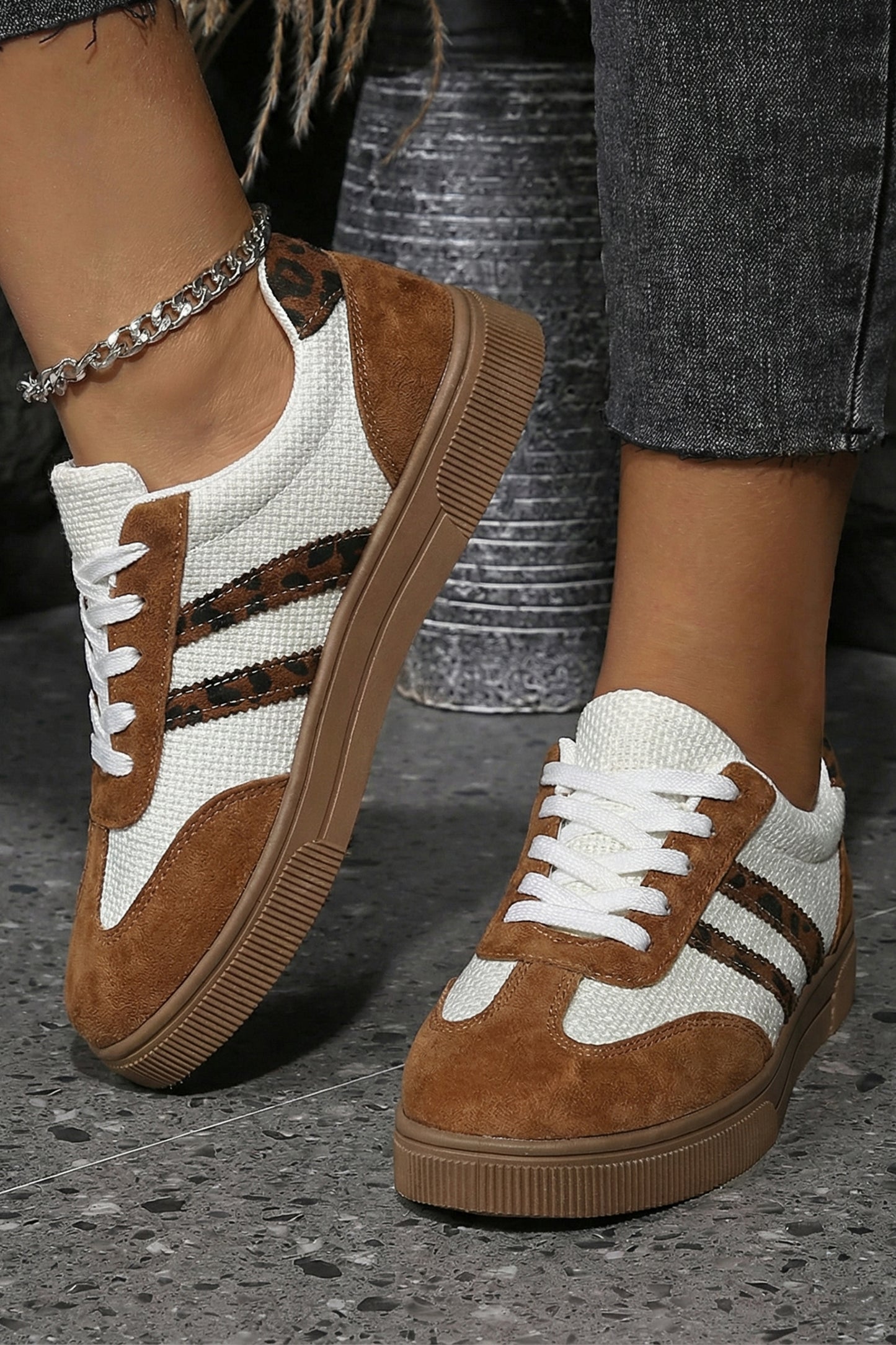 Coffee Textured Woven PU Leather Leopard Patchwork Flat Sneakers