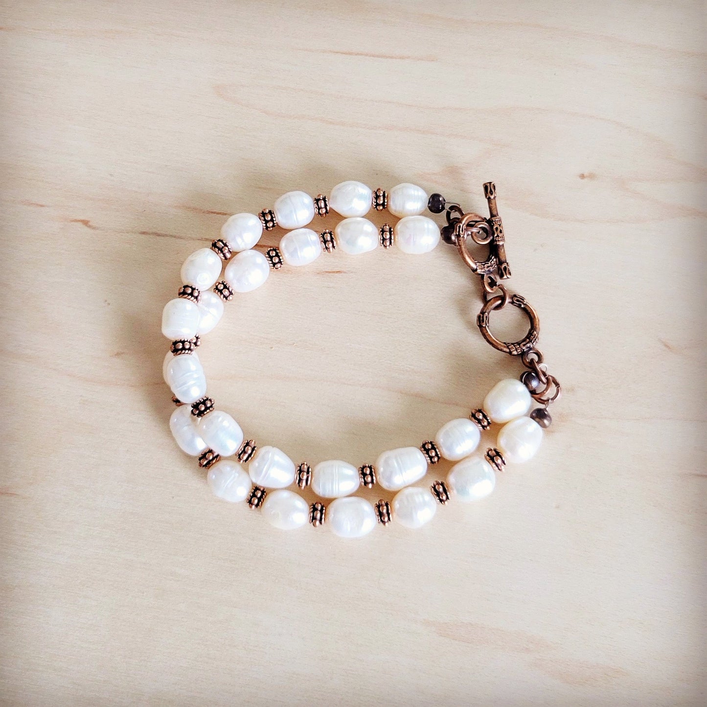 Freshwater Pearl & Copper Boho Double Strand Bracelet