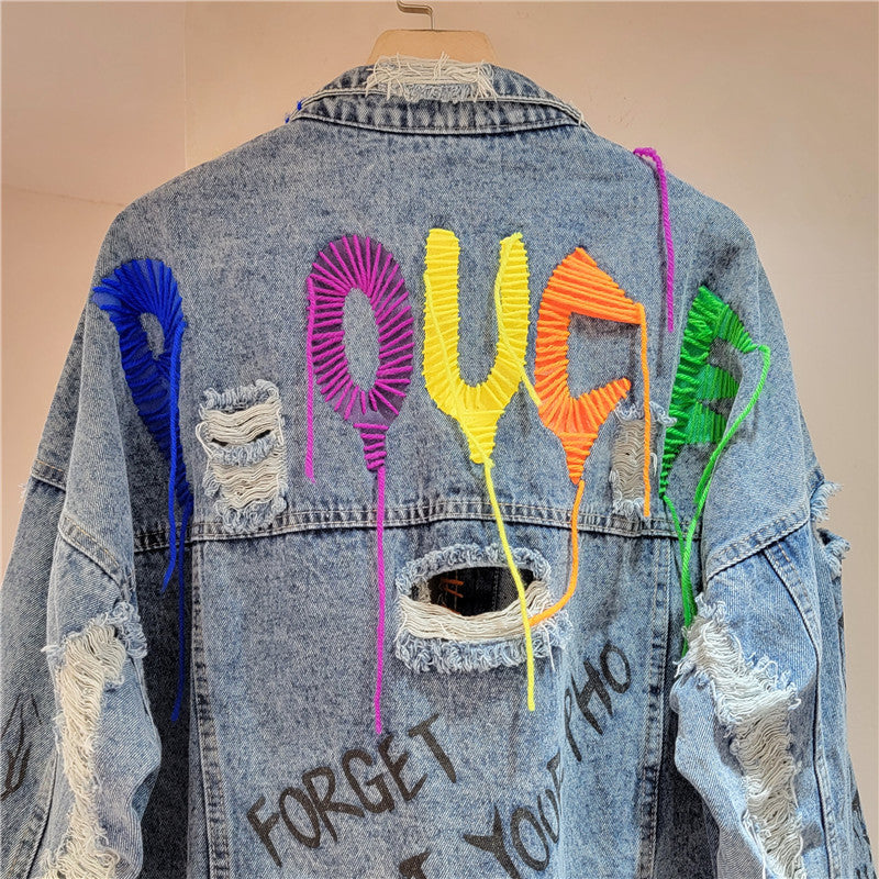 Women's Distressed Denim Jacket – Cropped Loose-Fit Fall Coat, Printed Studded Jean Outerwear