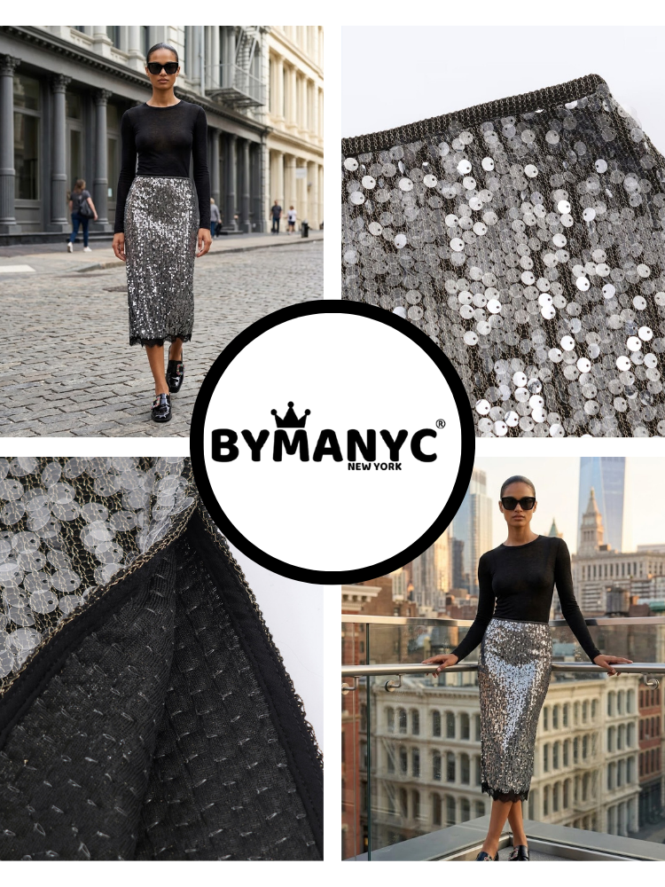 SOHO Sequin & Lace Midi Skirt | Silver | BYMANYC ® New York