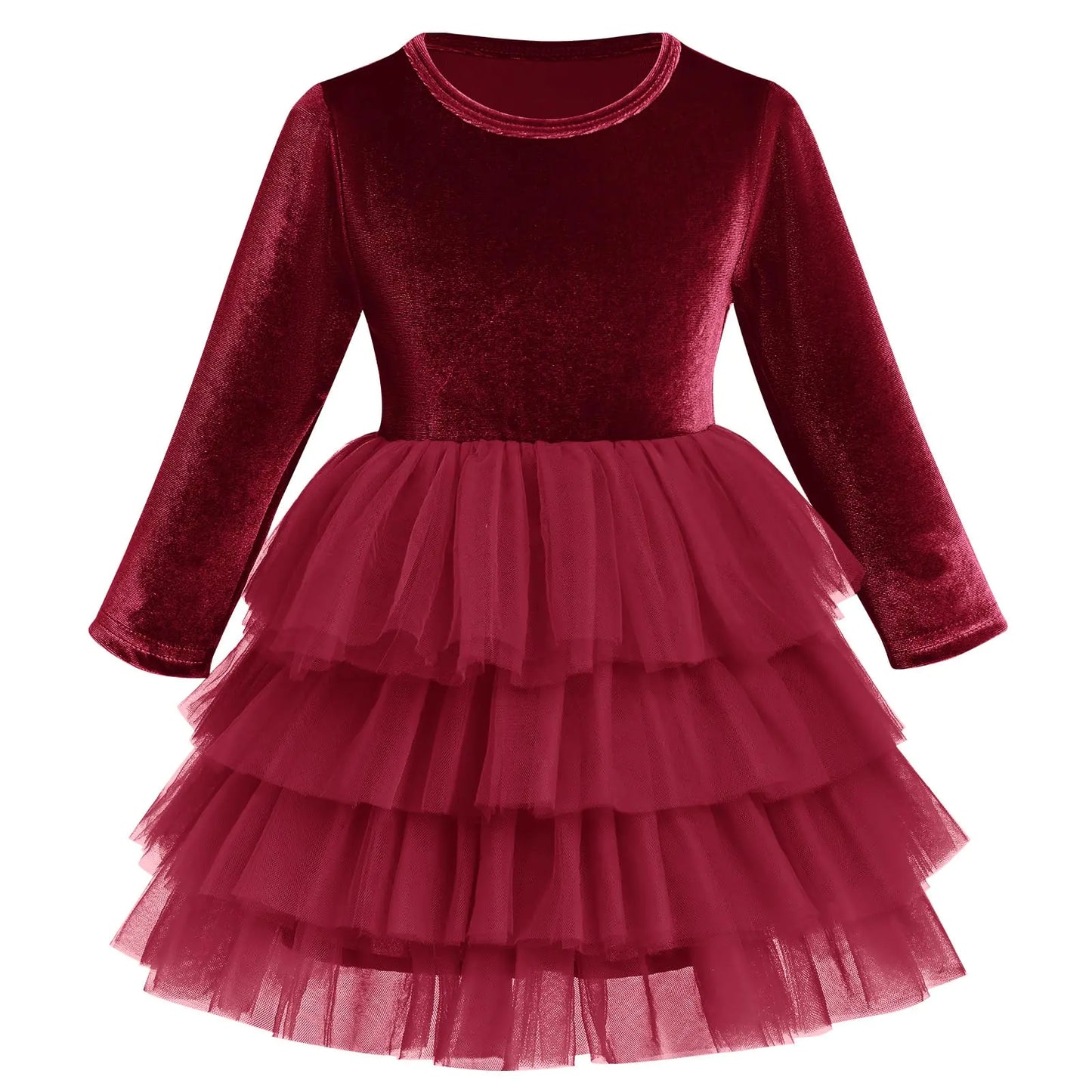 Toddler Girls Velvet Dress-Long Sleeve Christmas Dresses for Baby Girls-Burgundy Flower-Girl Tutu Tulle Dress Fall/Winter/Fancy Party