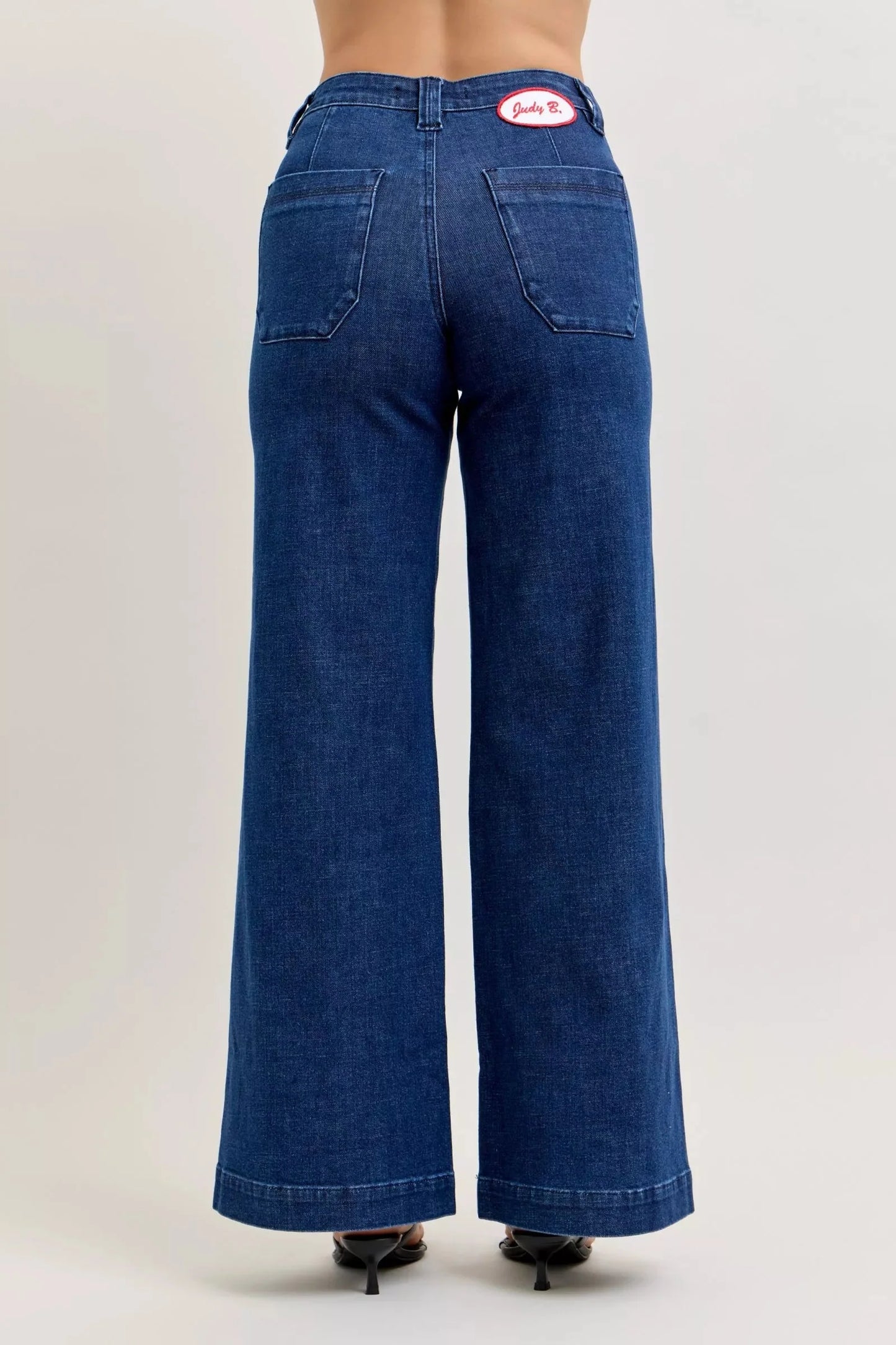 Judy Blue High-Waisted Retro Wide Leg Jeans with Patch Pockets & Twisted Seams