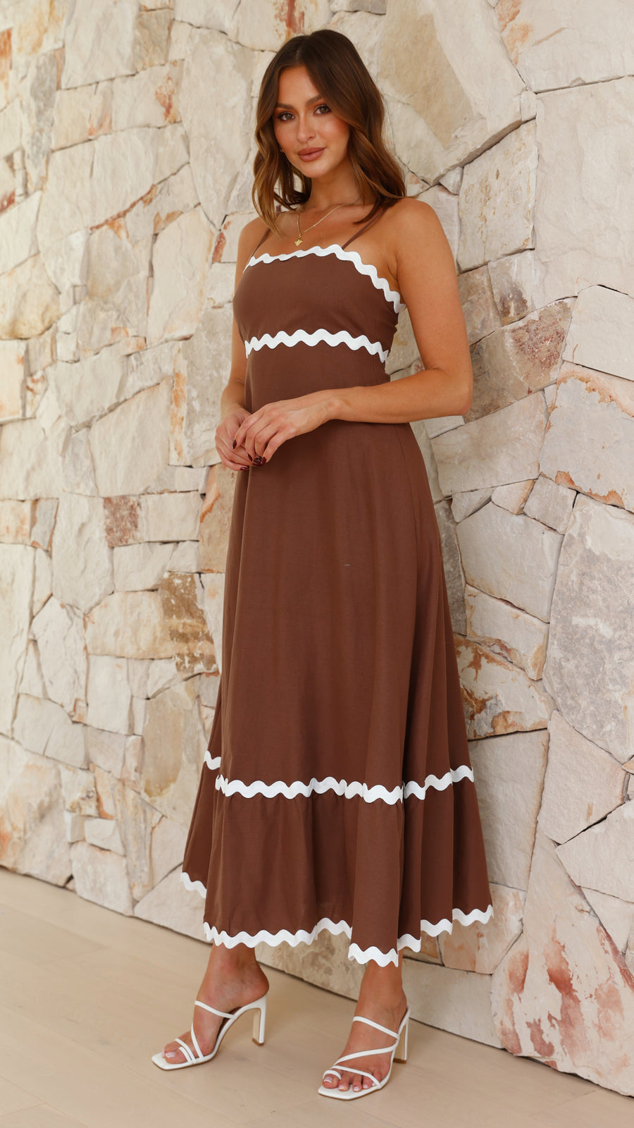 Camel Brown Linen Dress with Ric Rac Lace