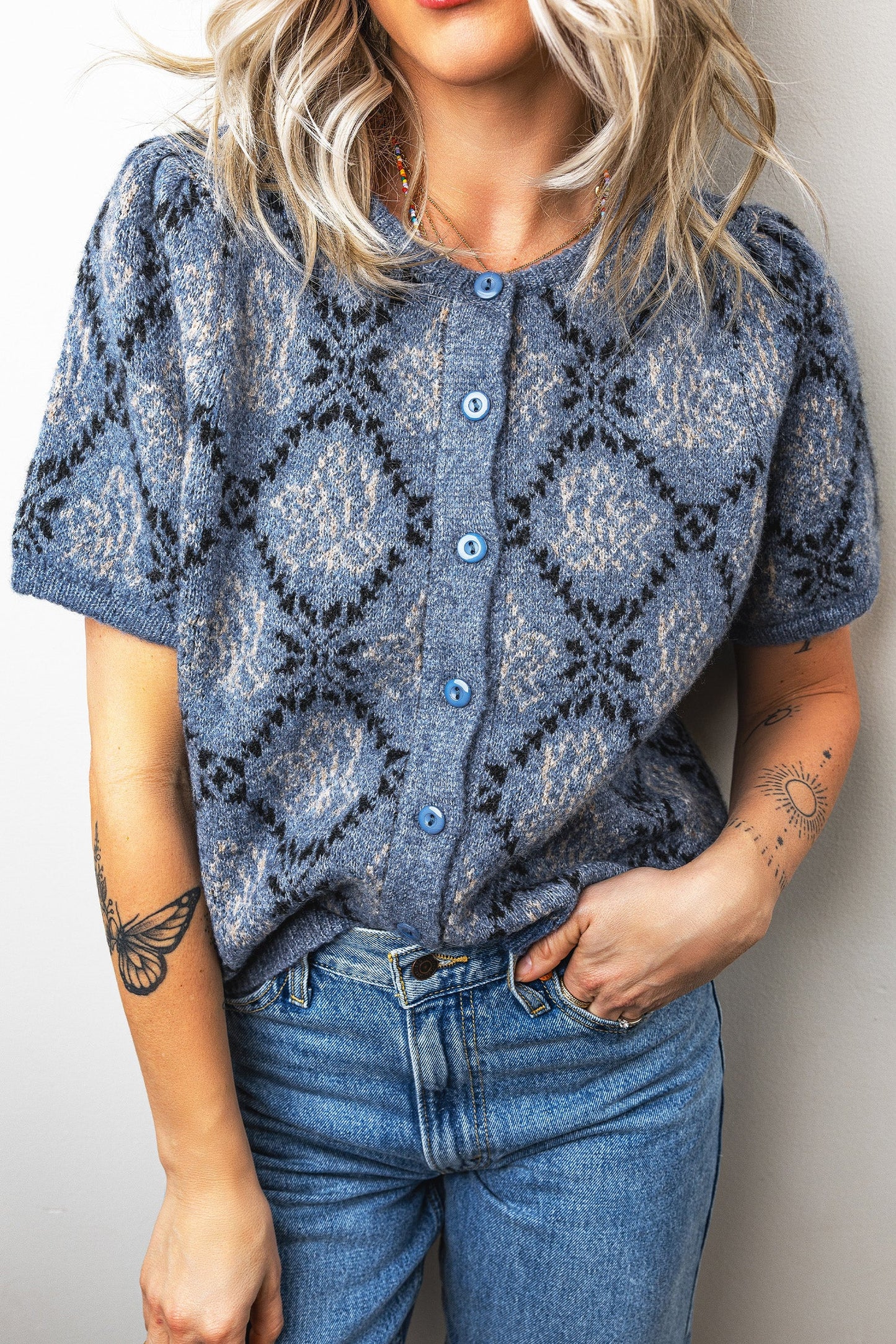 Boho Knit Short Sleeve Button Front Cardigan