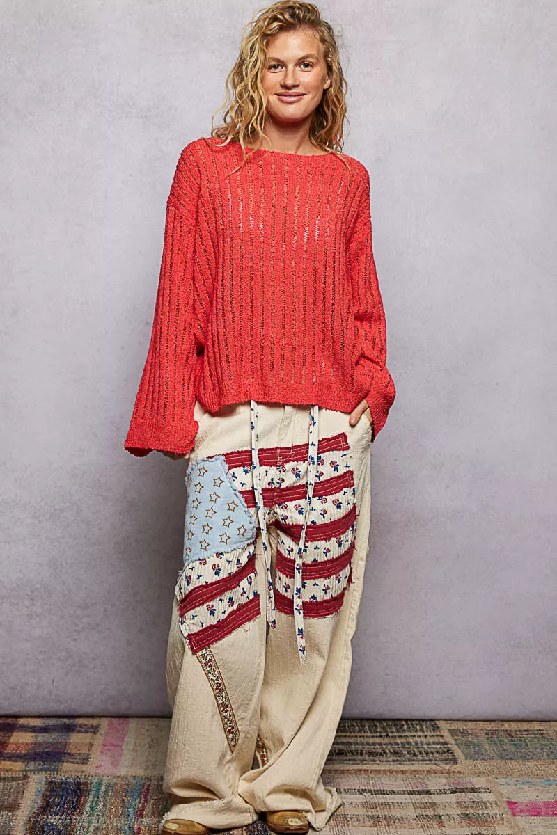 POL Open-Weave Long Sleeve Sweater in Apple Red