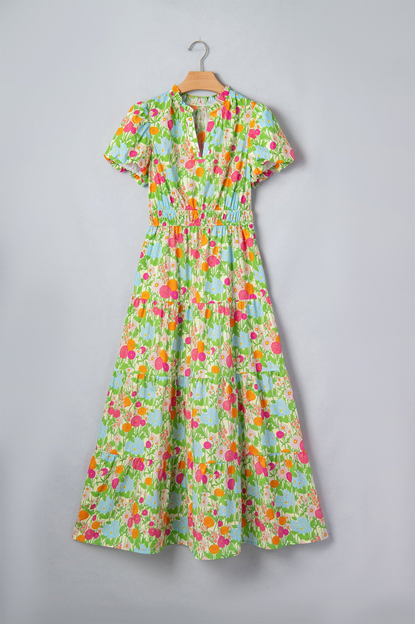 Floral V-Neck Short Puff Sleeve Maxi Dress