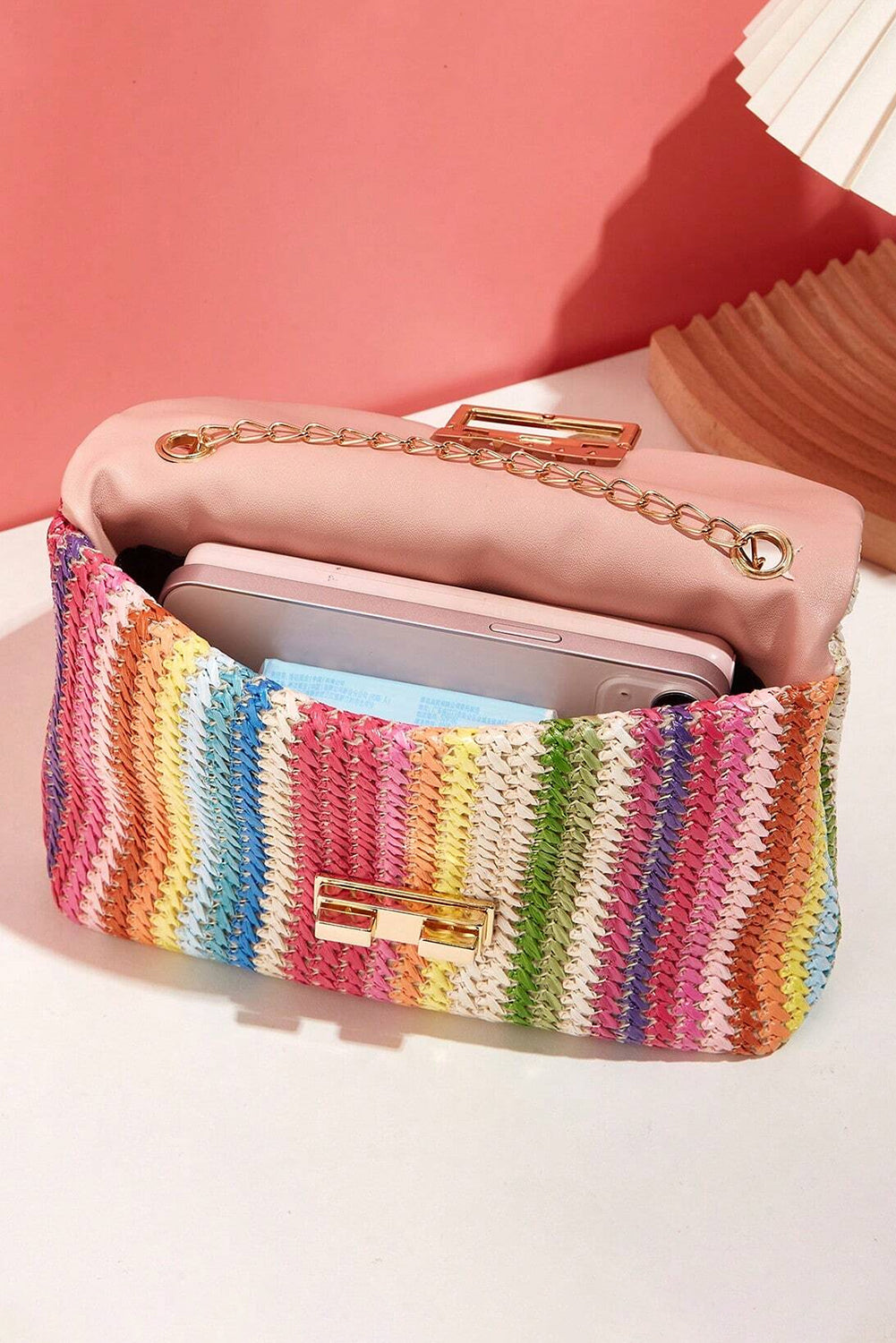 Multicolour Straw Plaited Gold Chain Clasp Closure Single Shoulder Bag