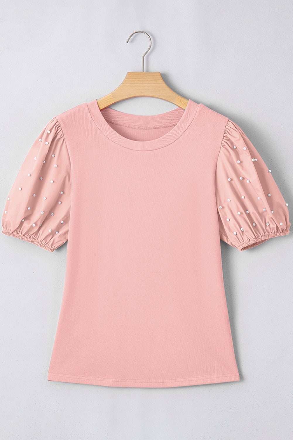 Pearl Beaded Puff Sleeve Ribbed Knit Top