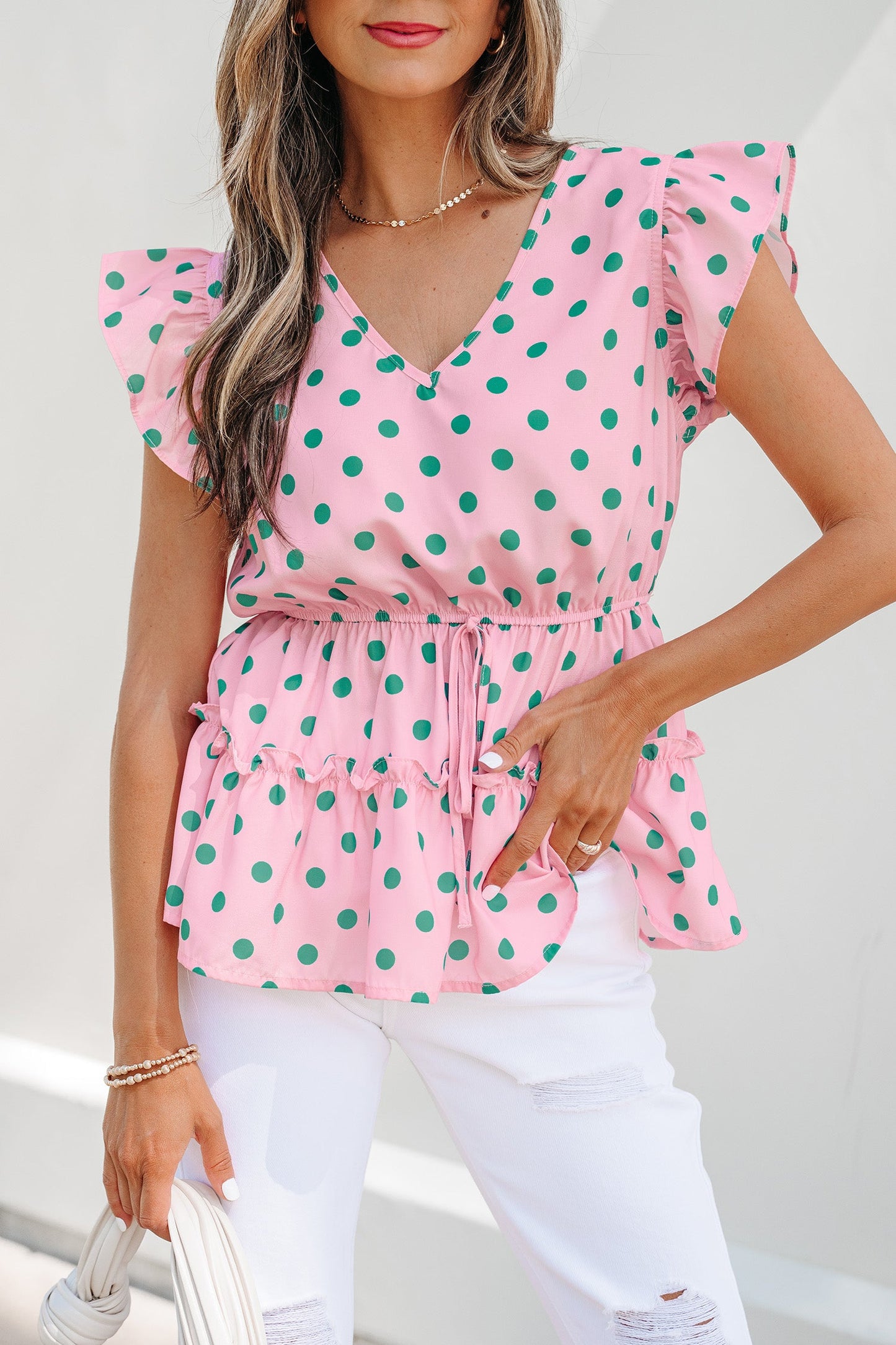 Polka Dot V-Neck Ruffle Tiered Babydoll Blouse