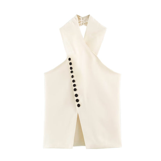Women Clothing Autumn Stylish Graceful Simple Double Breasted Hanging Collar Vest