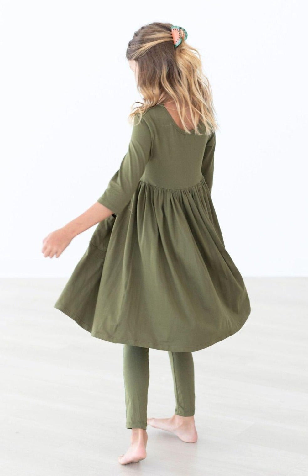 Olive 3/4 Sleeve Pocket Twirl Dress