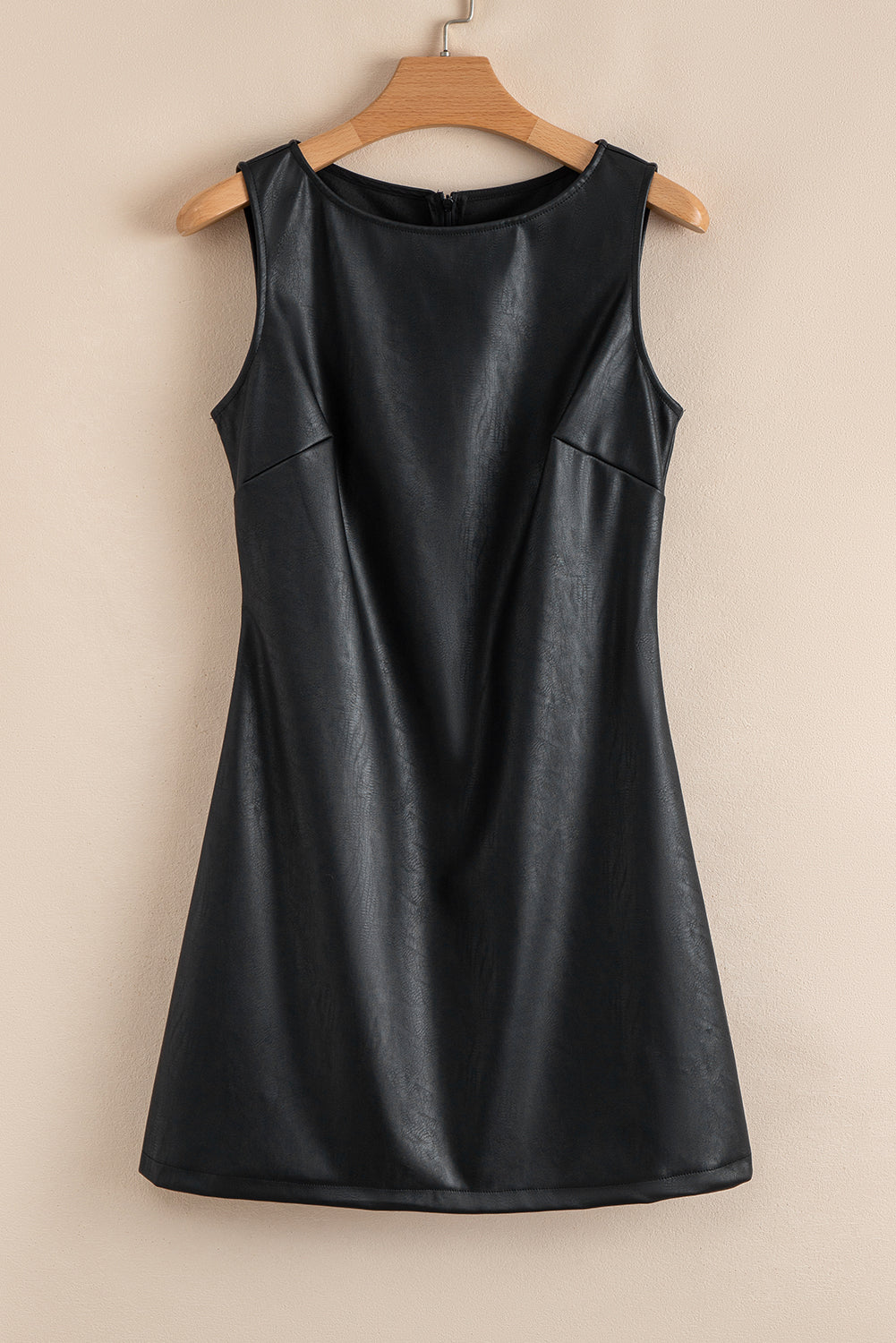 Black Faux Leather Sleeveless Round Neck Mini Dress