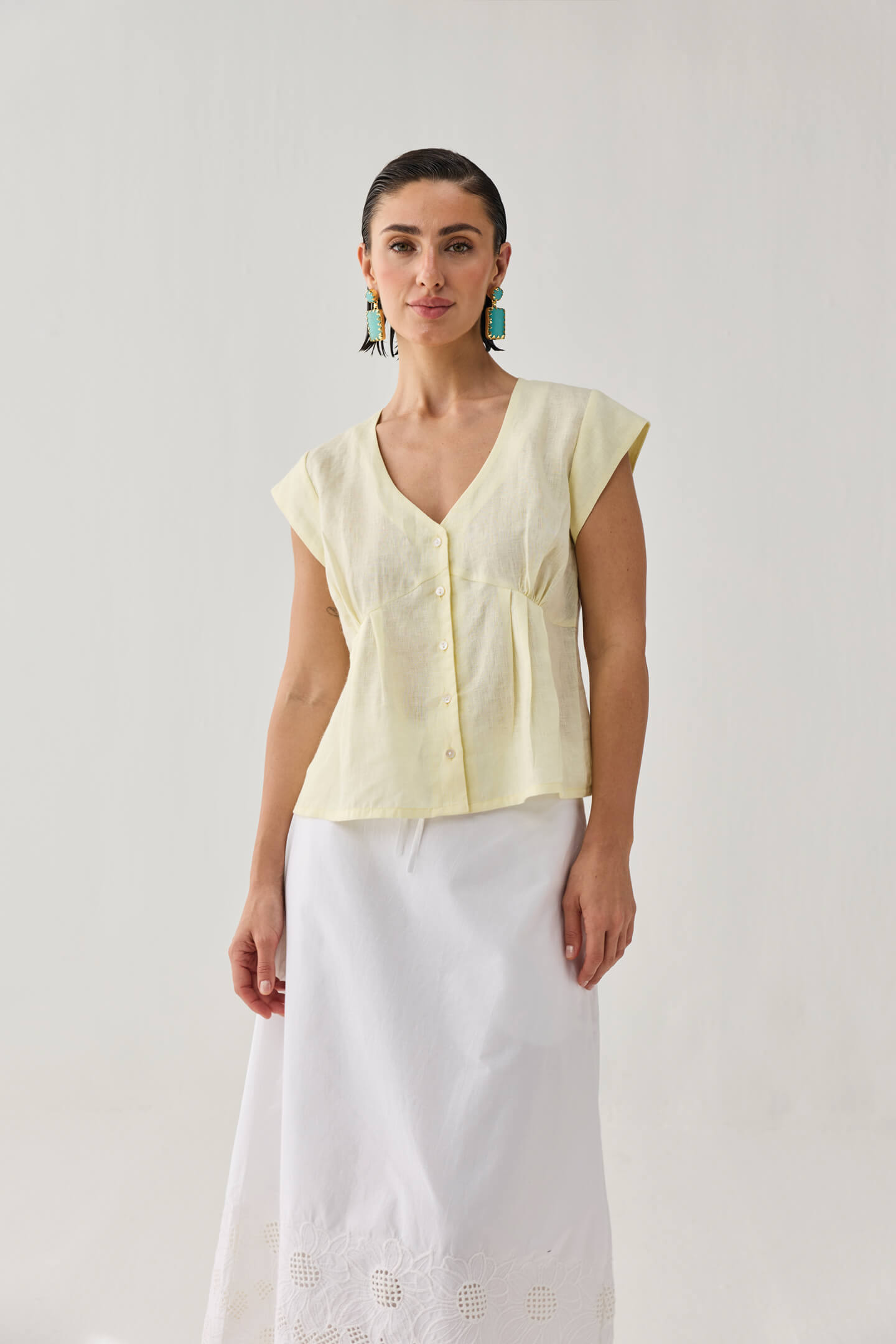 The Deep V Neck Top in Butter Lemon