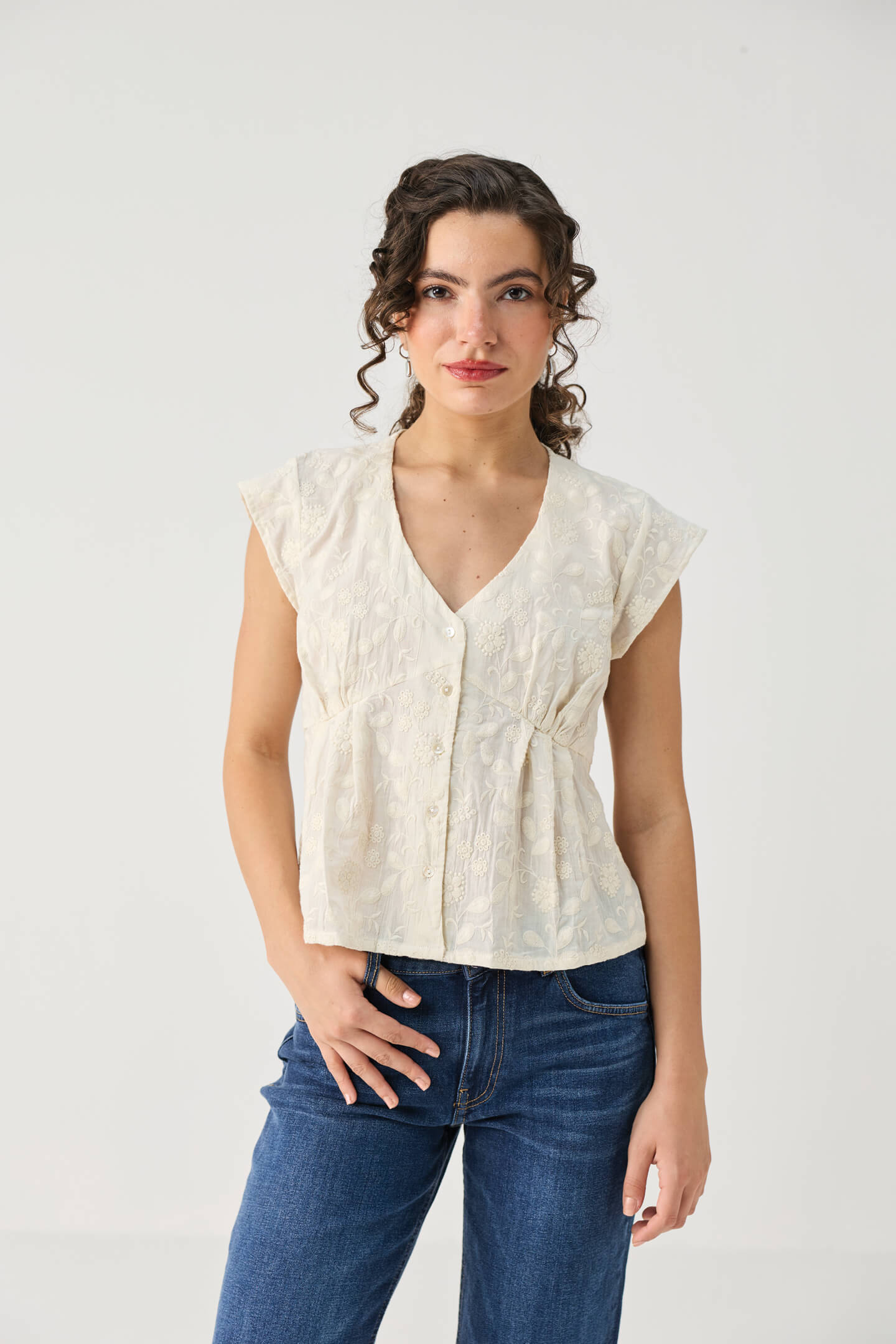 Embroidered Deep V Neck Top in Cream