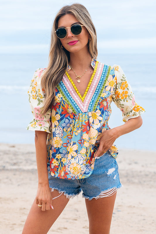 Gwen Crochet V Neck Boho Floral Blouse-0
