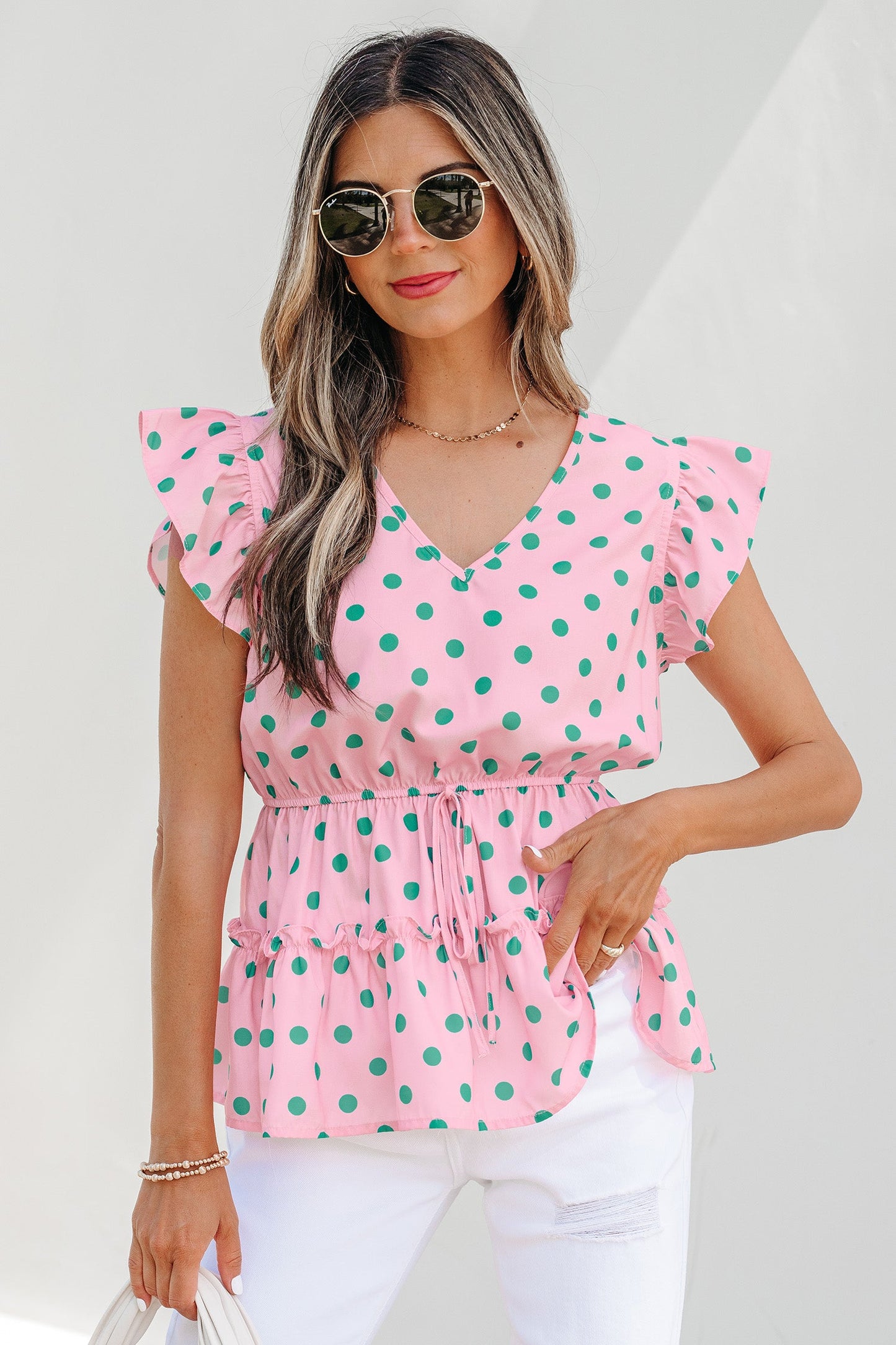 Polka Dot V-Neck Ruffle Tiered Babydoll Blouse