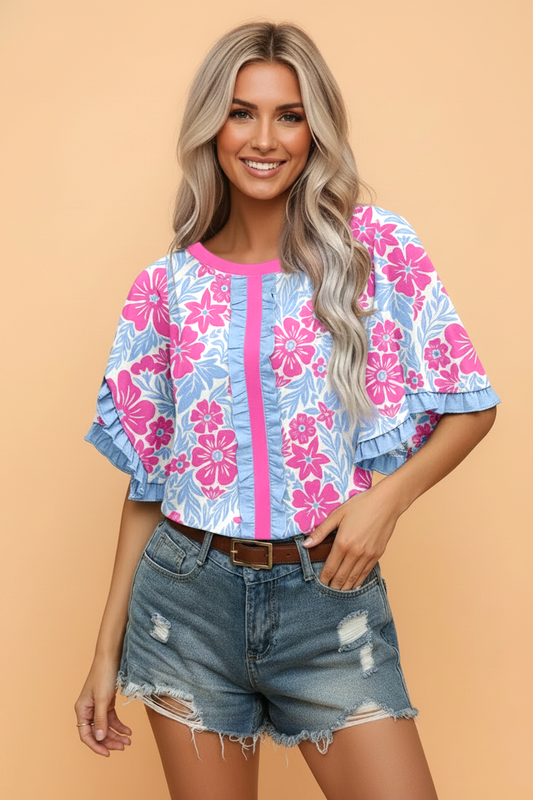 Floral Colorblock Trim Ruffle 3/4 Sleeve Blouse