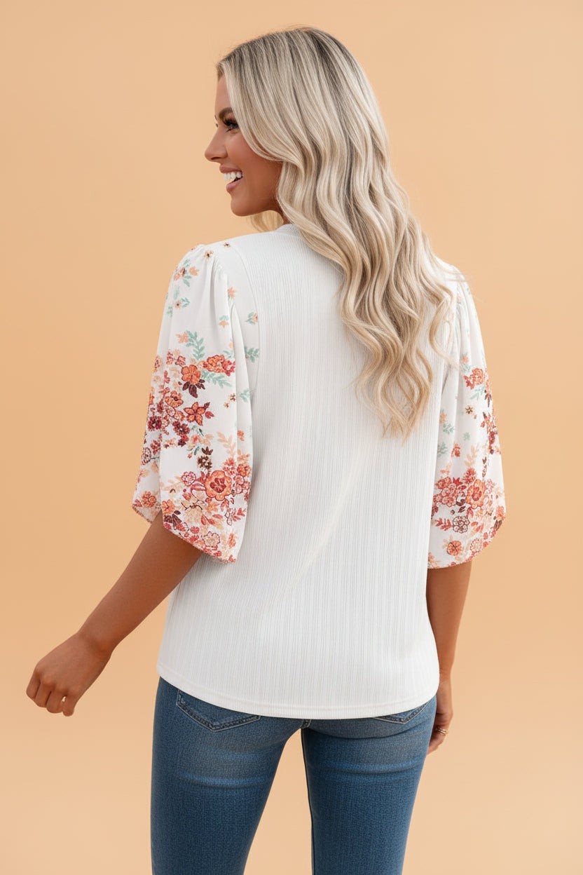 Floral Patchwork Ribbed Knit Short Sleeve Top