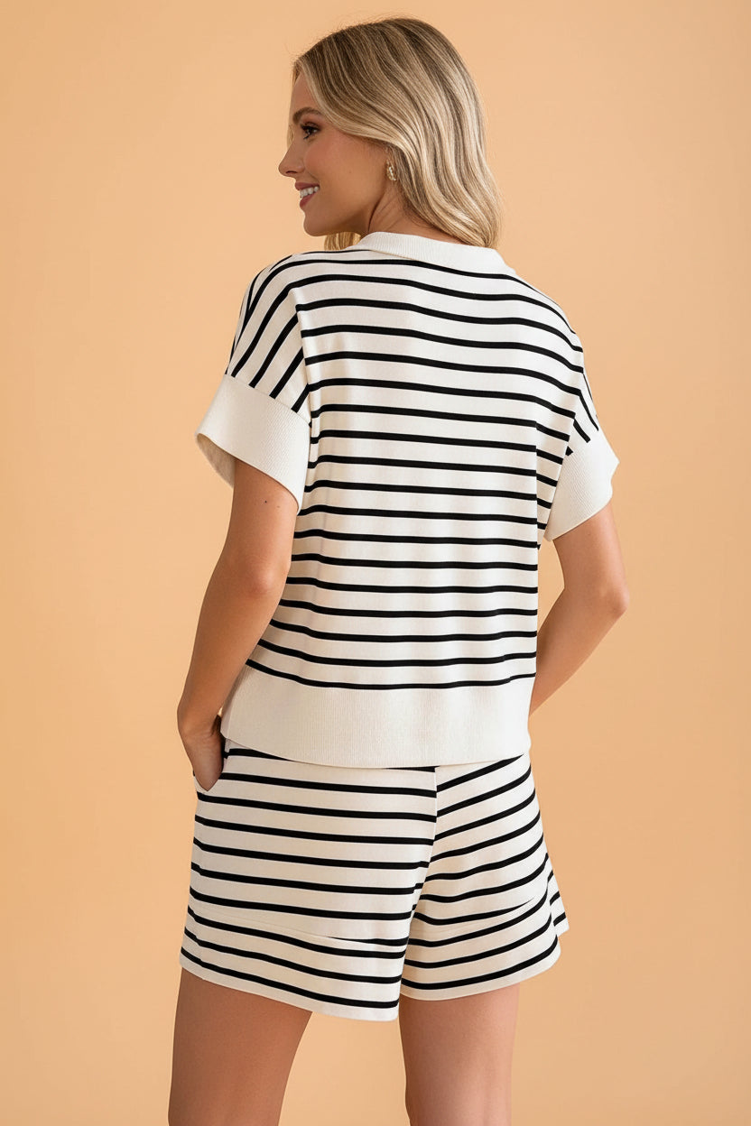 Stripe Colorblock Half-Zip Polo & Shorts Set