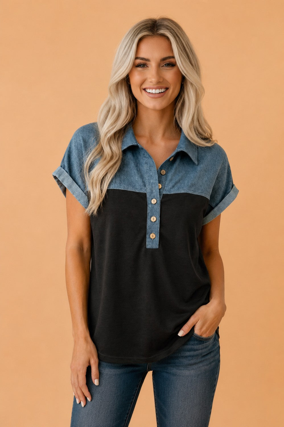 Colorblock Denim Patchwork Polo Collar Top