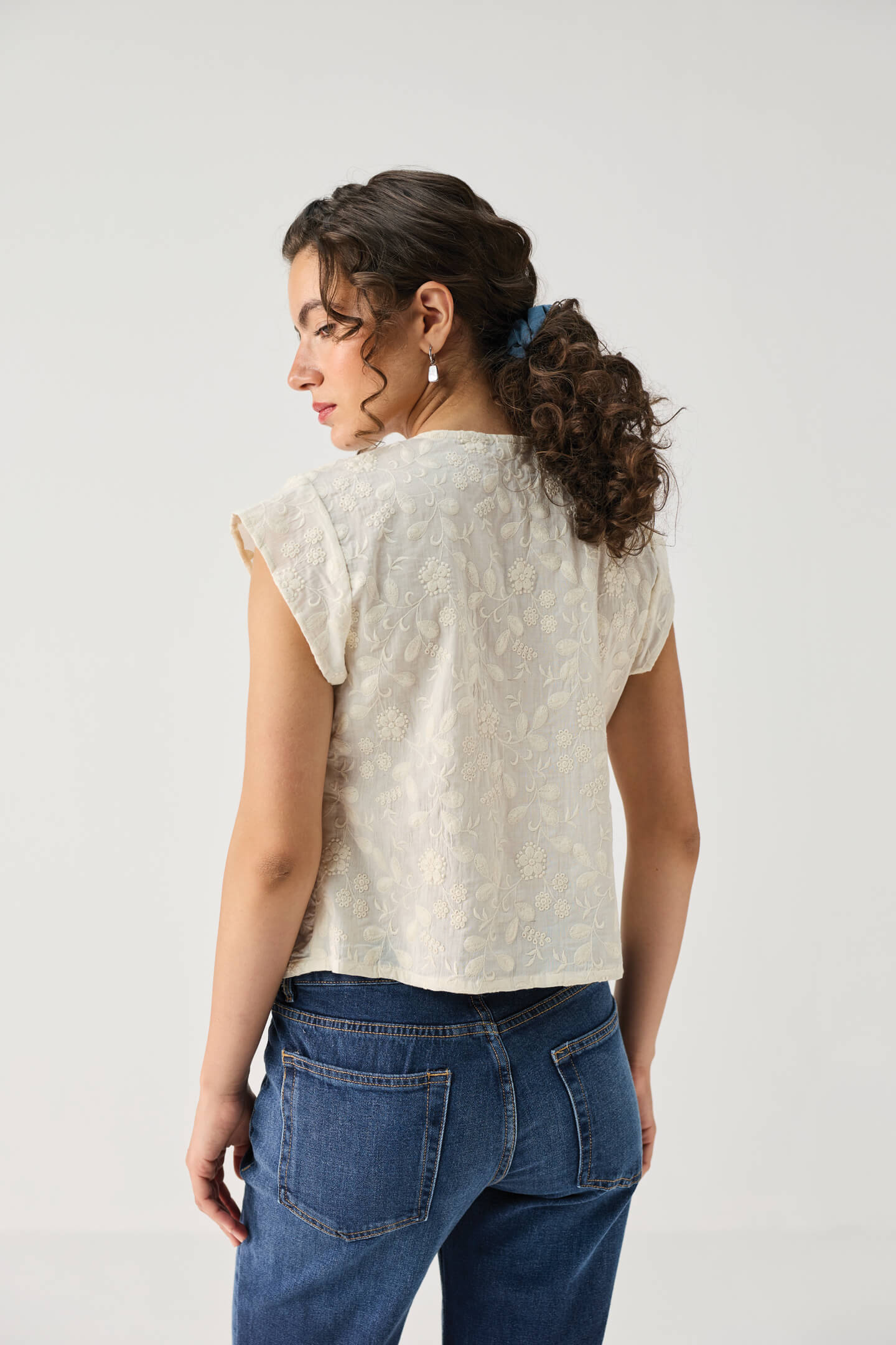 Embroidered Deep V Neck Top in Cream