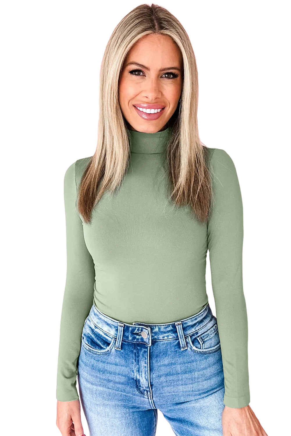 Green Bay Slim Fit High Neck Long Sleeve Basic Top