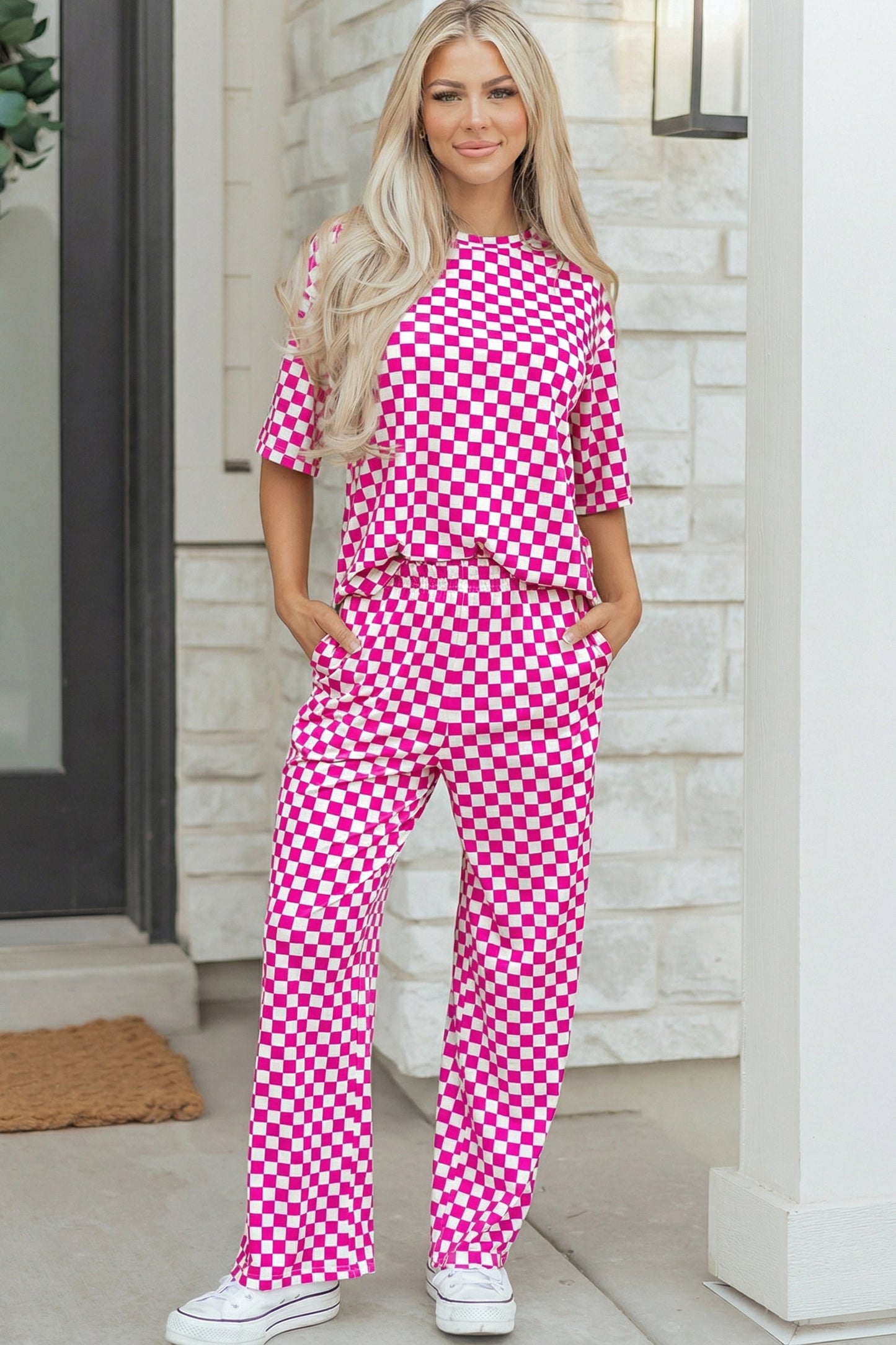 Elisa Checkered Print Half Sleeve Lounge Set | Rose