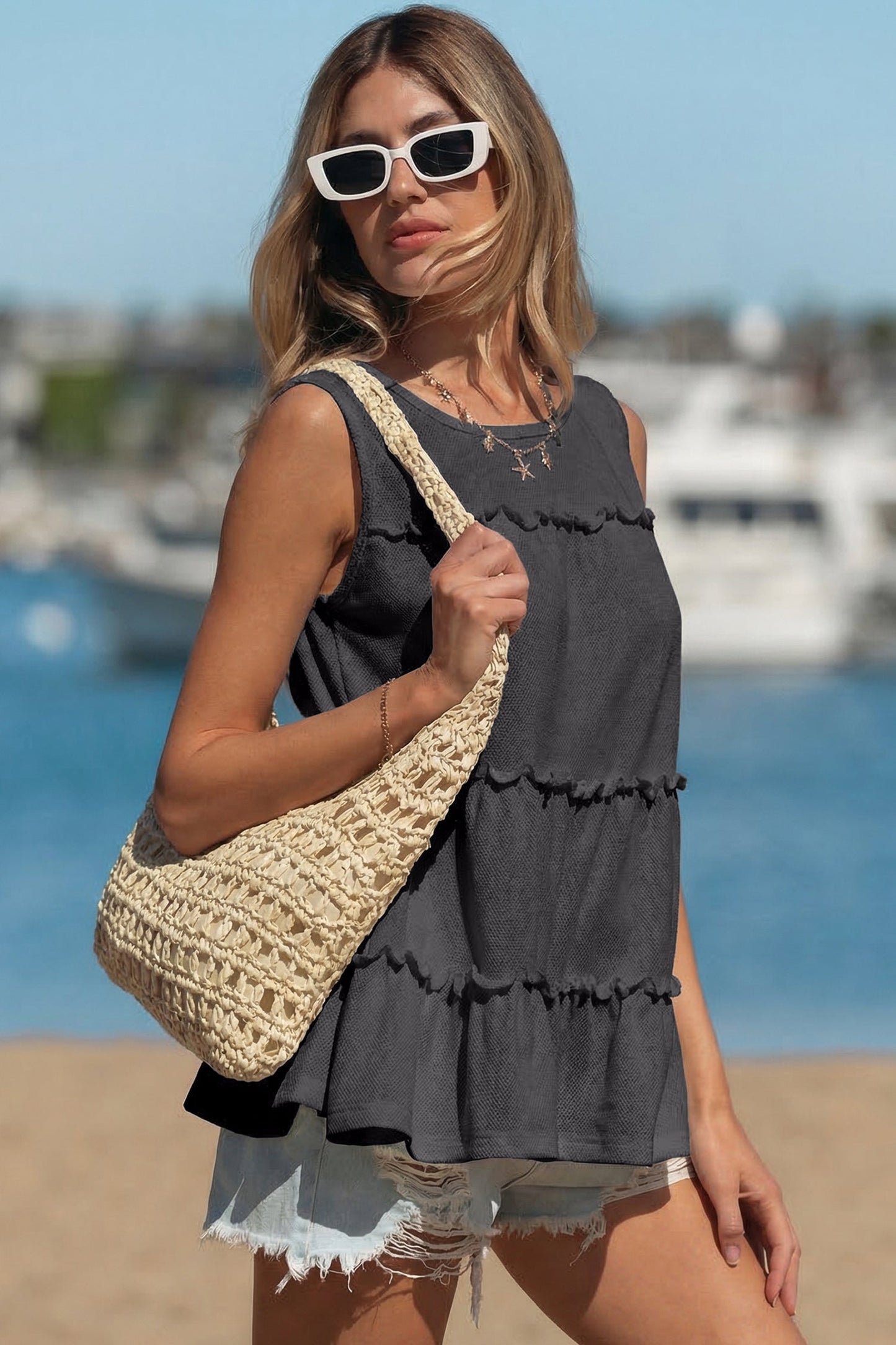 Macie Tiered A-Line Tank Top | Dark Grey | Frill Trim