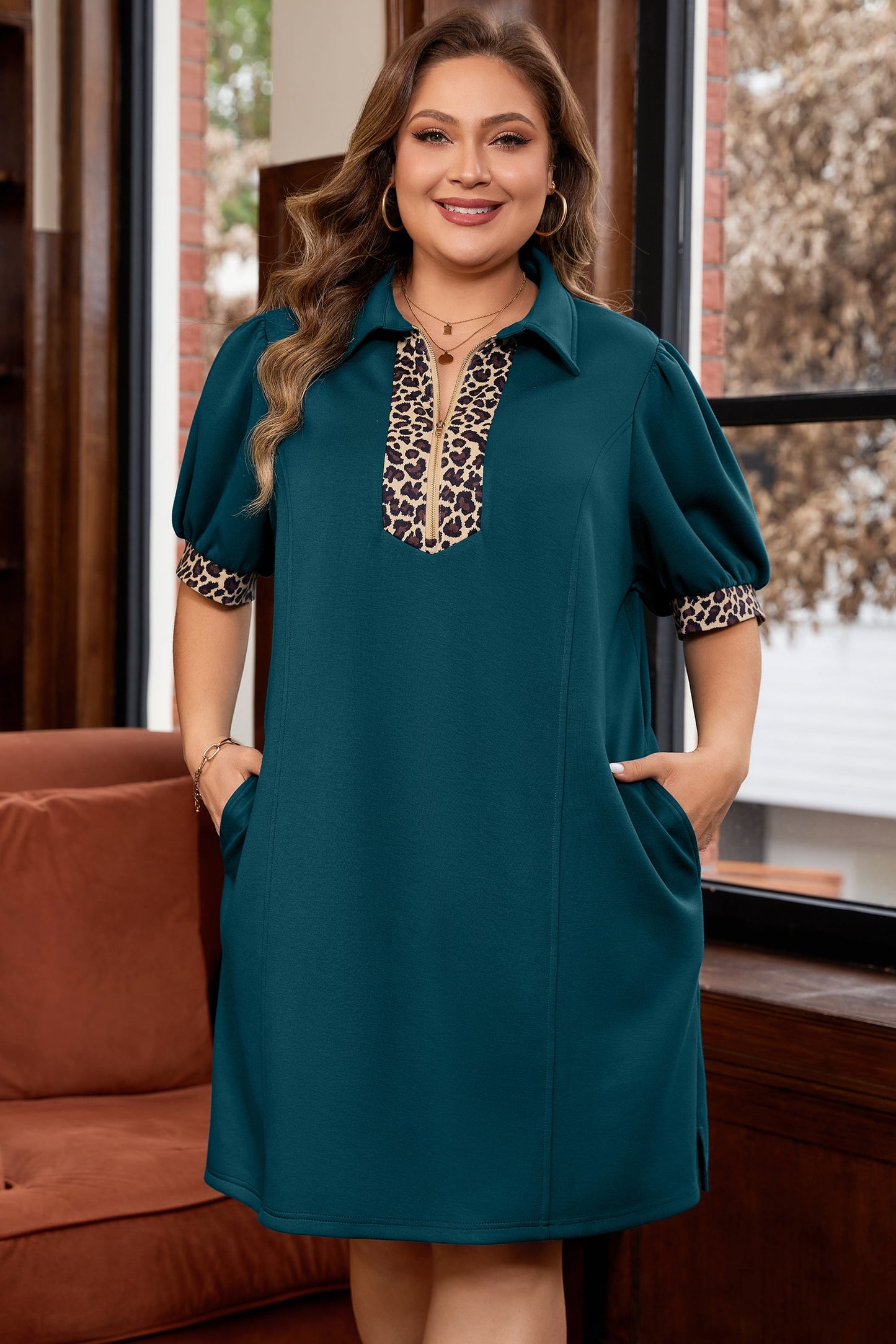Keily Leopard Zip Collared Mini Dress – Plus Size