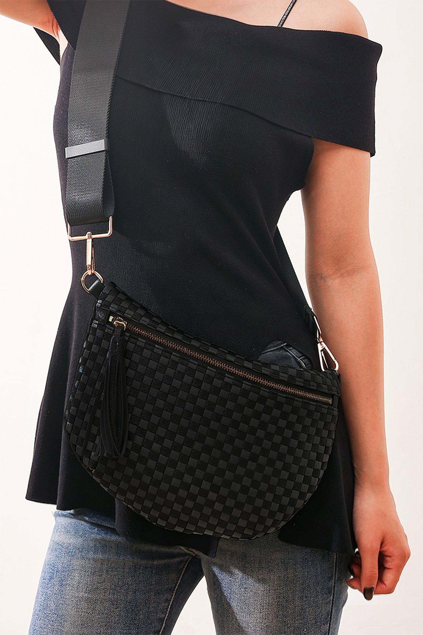 Fiery Red Checkered Woven PU Leather Crossbody Bag Adjustable Strap Large Size