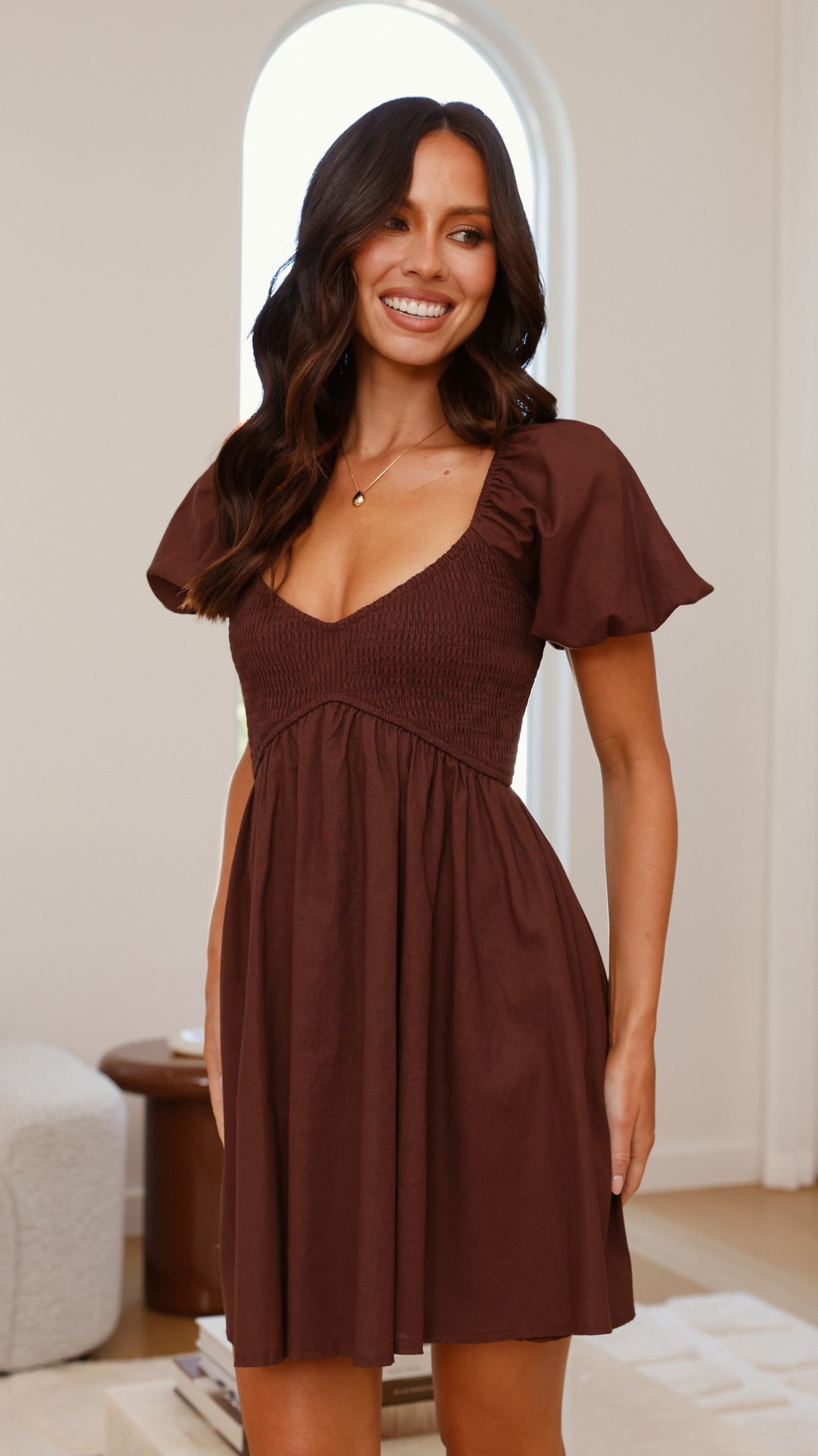 Capri Linen Smocked Puff Sleeve Mini Dress