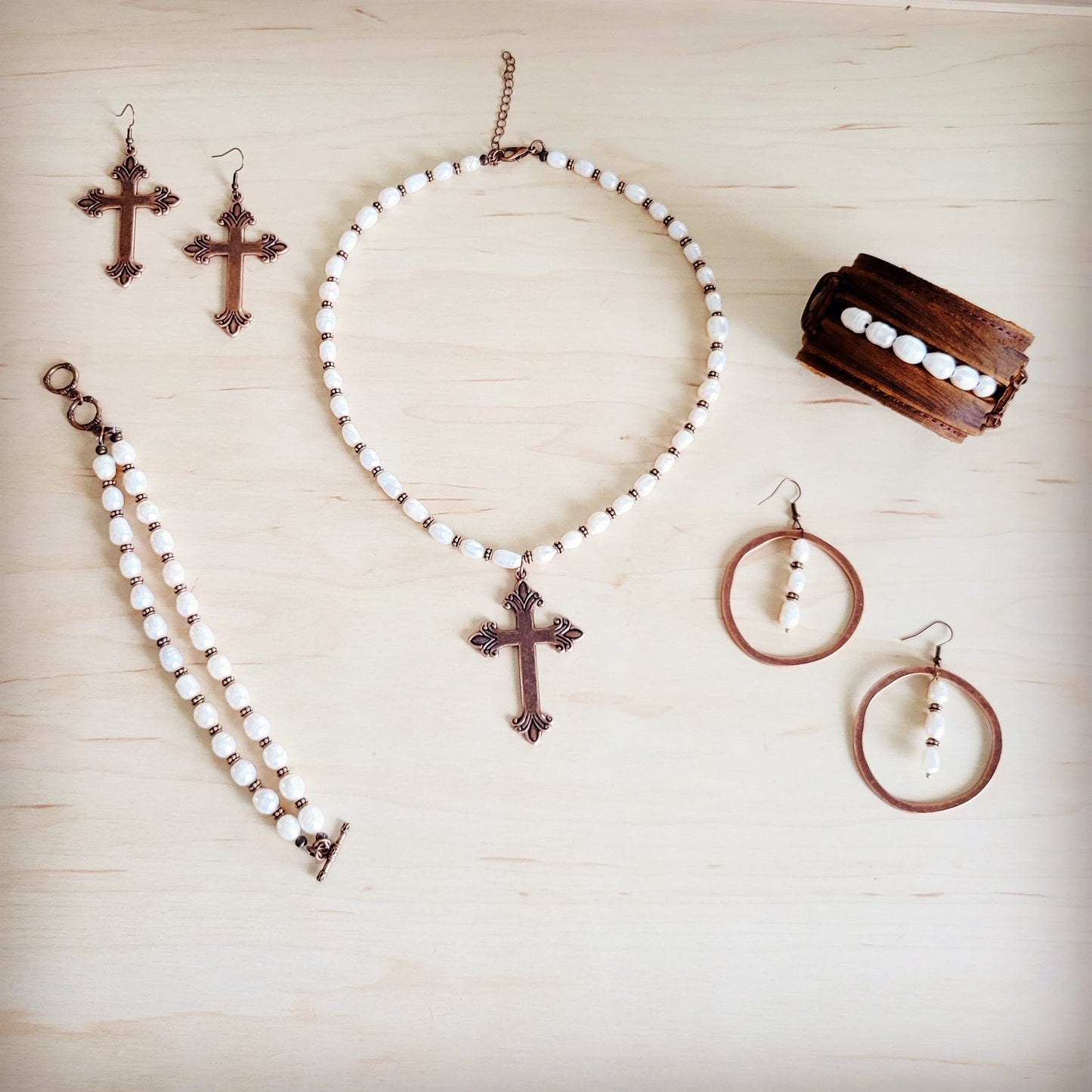 Freshwater Pearl & Copper Boho Double Strand Bracelet