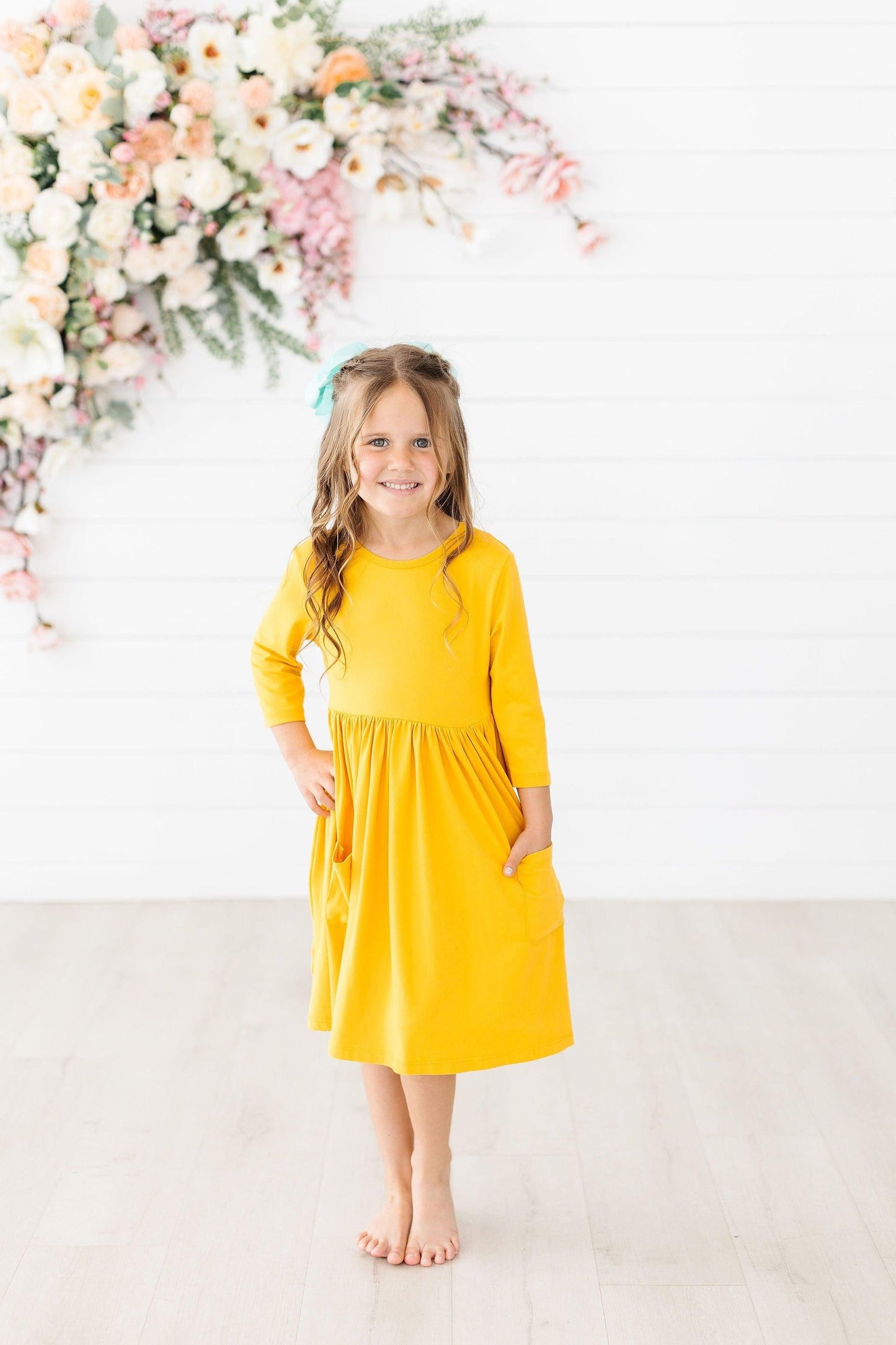 Mustard 3/4 Sleeve Pocket Twirl Dress For Girls