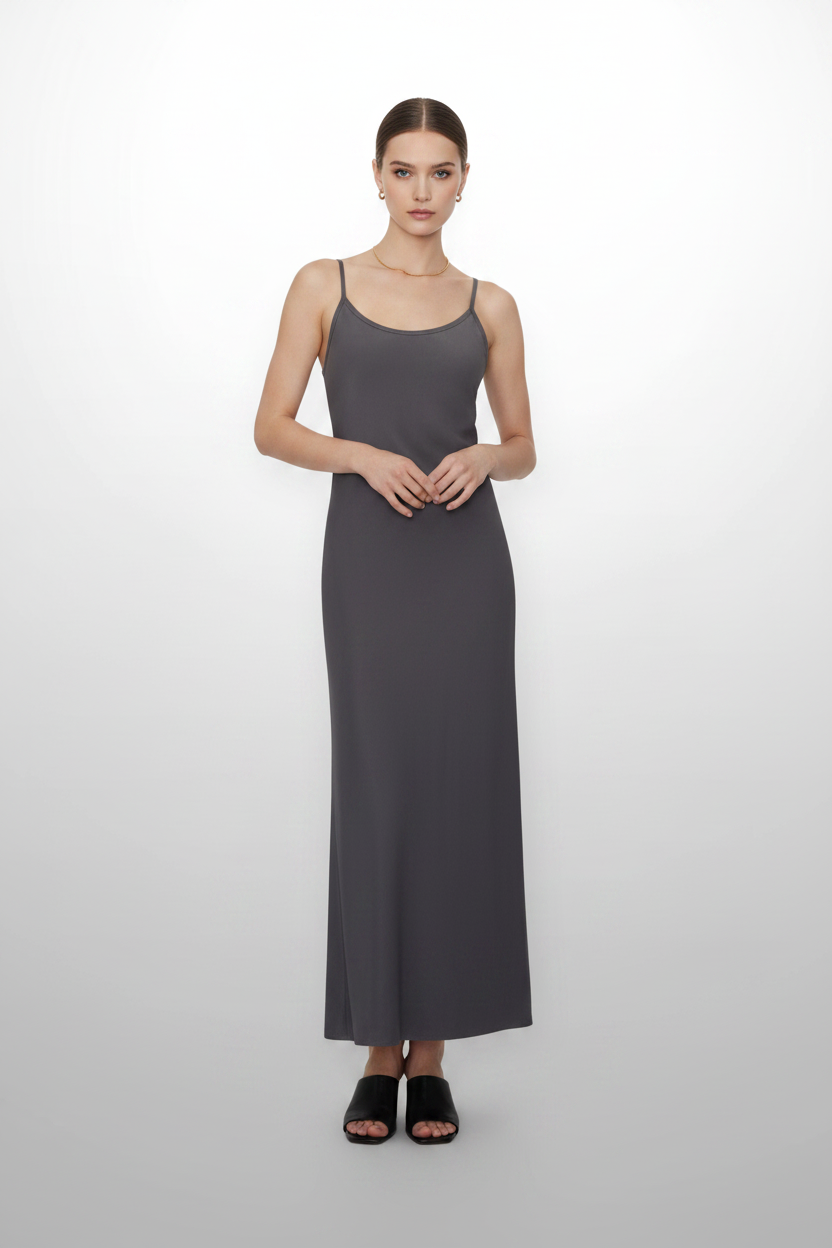 Cupro Crew Neck Slip Dress – Grey