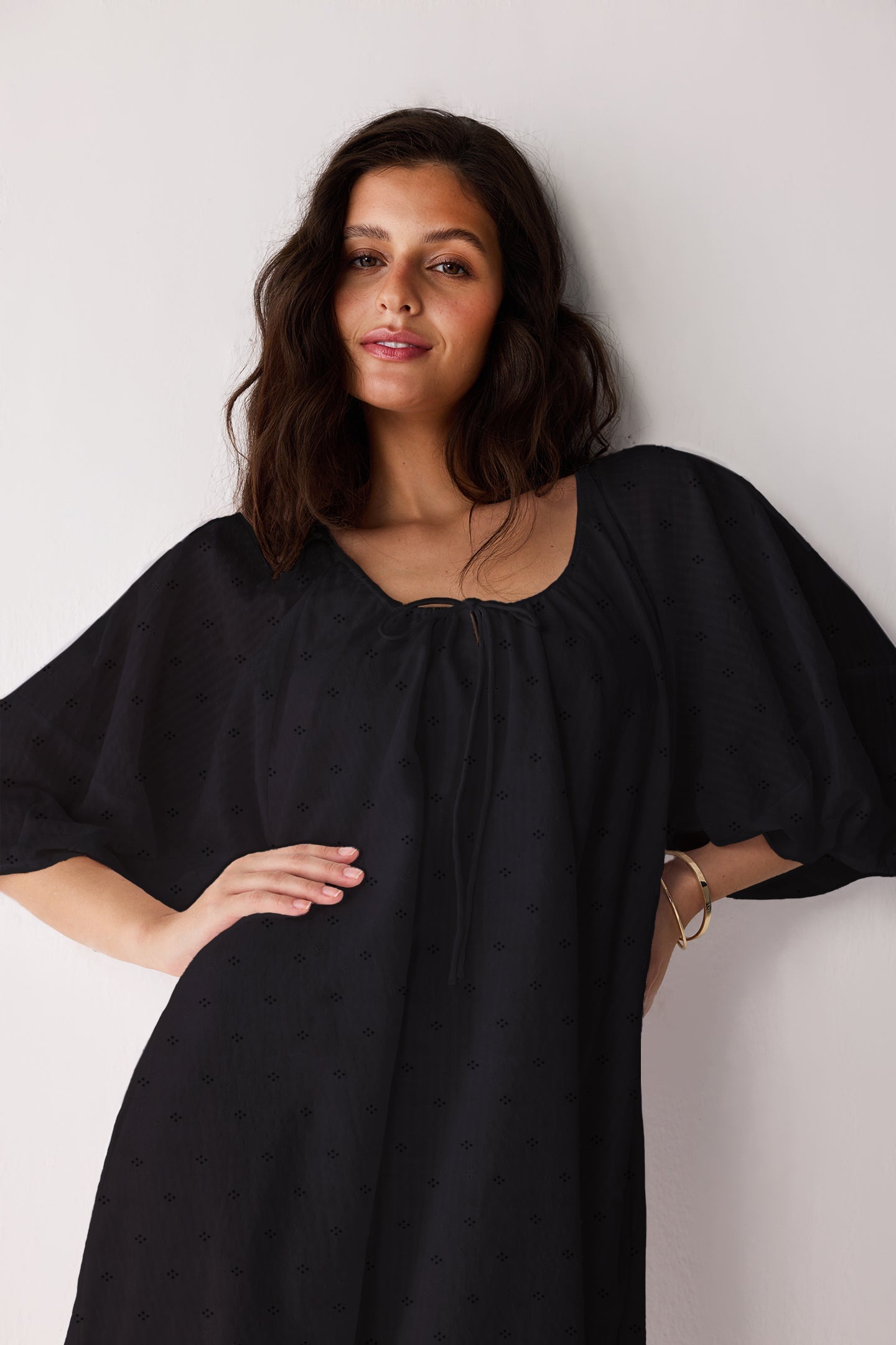 Puff Sleeved Dress with Drawstring Neckline in Black
