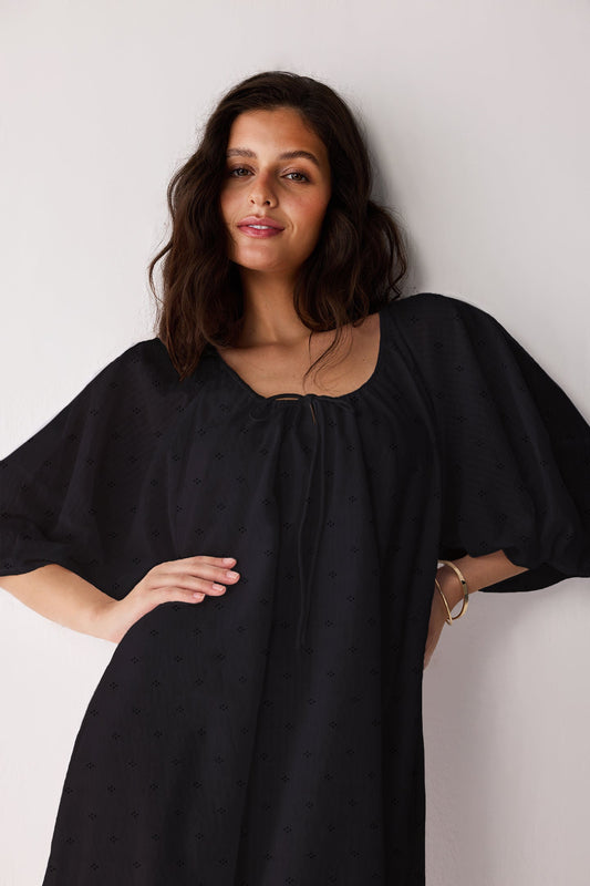 Puff Sleeved Dress with Drawstring Neckline in Black
