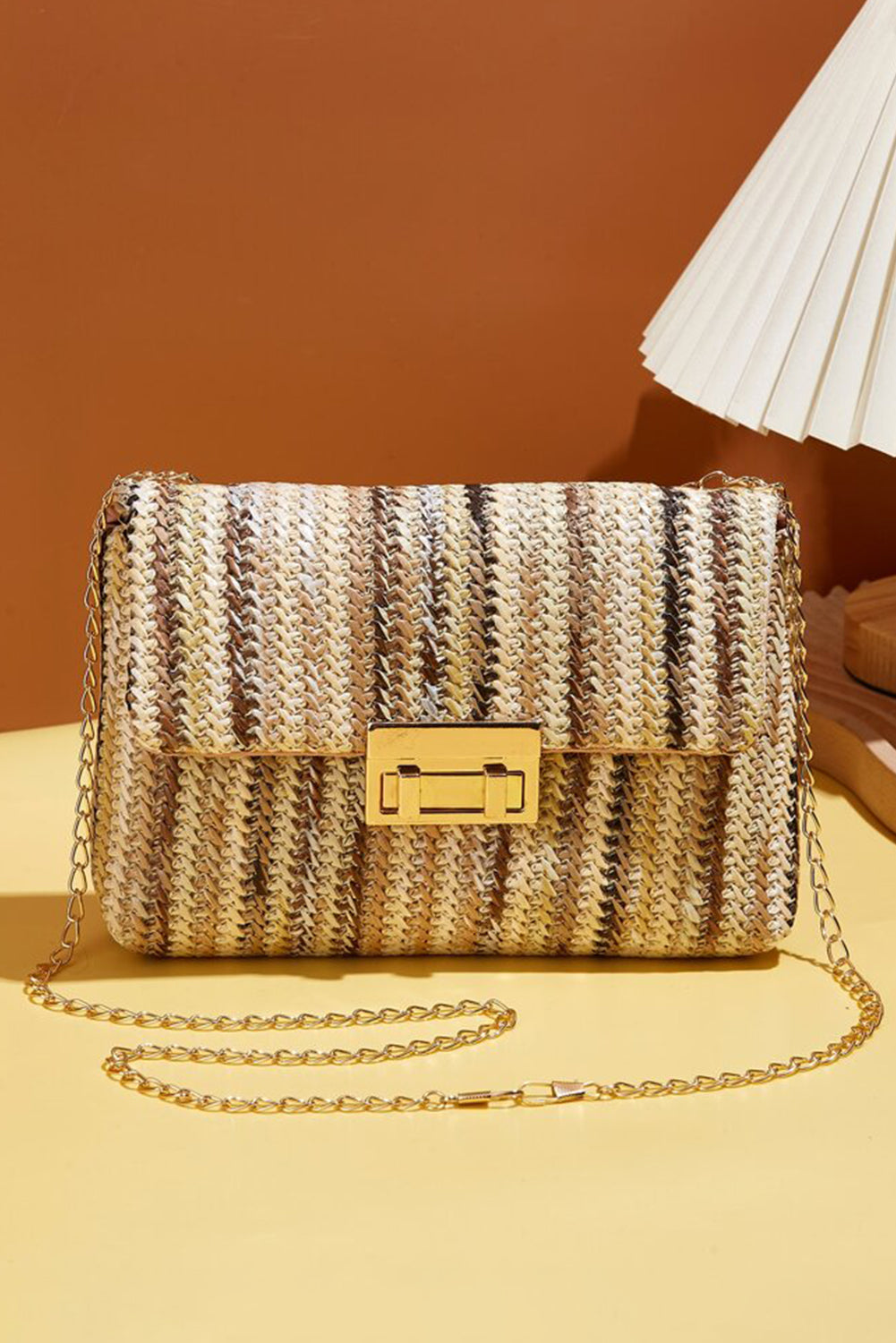 Multicolour Straw Plaited Gold Chain Clasp Closure Single Shoulder Bag