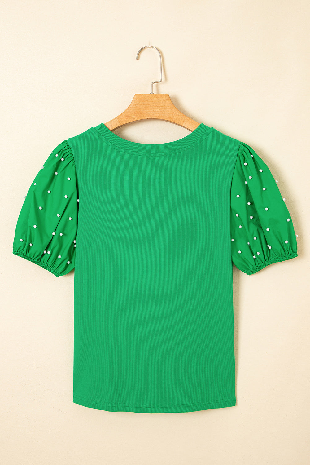 Pearl Beaded Puff Sleeve Ribbed Knit Top