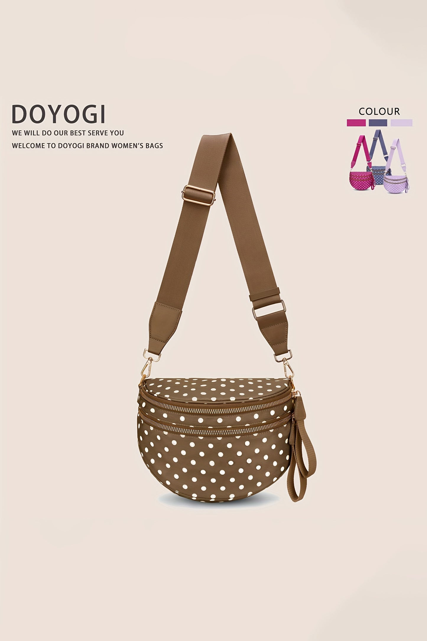Camel Polka Dot Print Double Zip Fashion Crossbody Bag