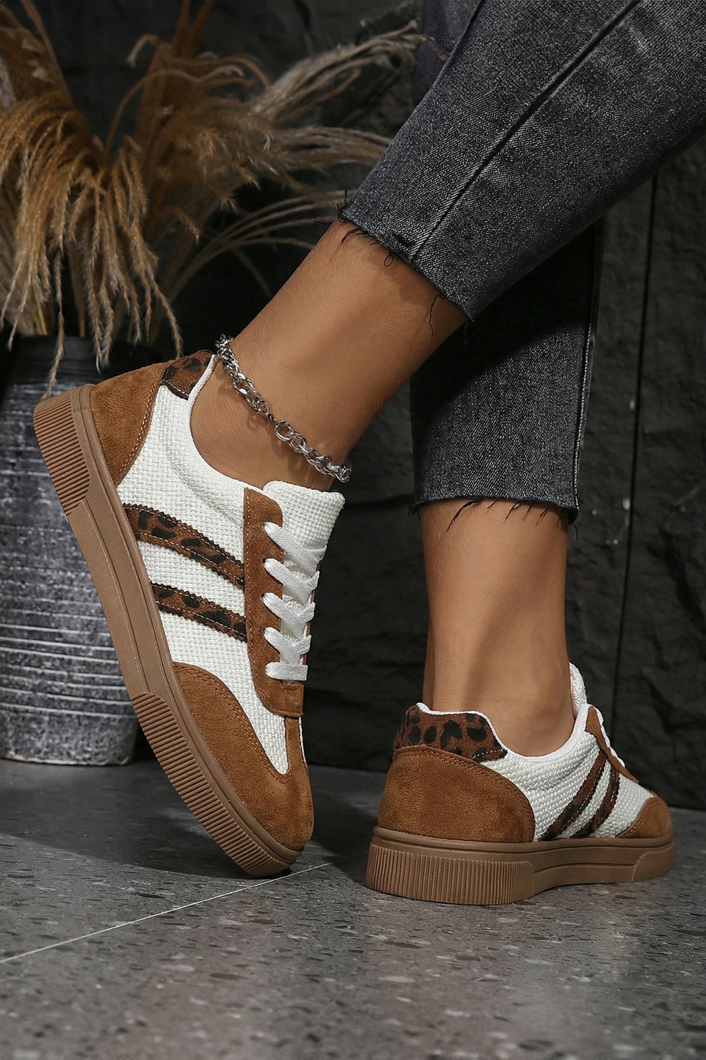 Coffee Textured Woven PU Leather Leopard Patchwork Flat Sneakers