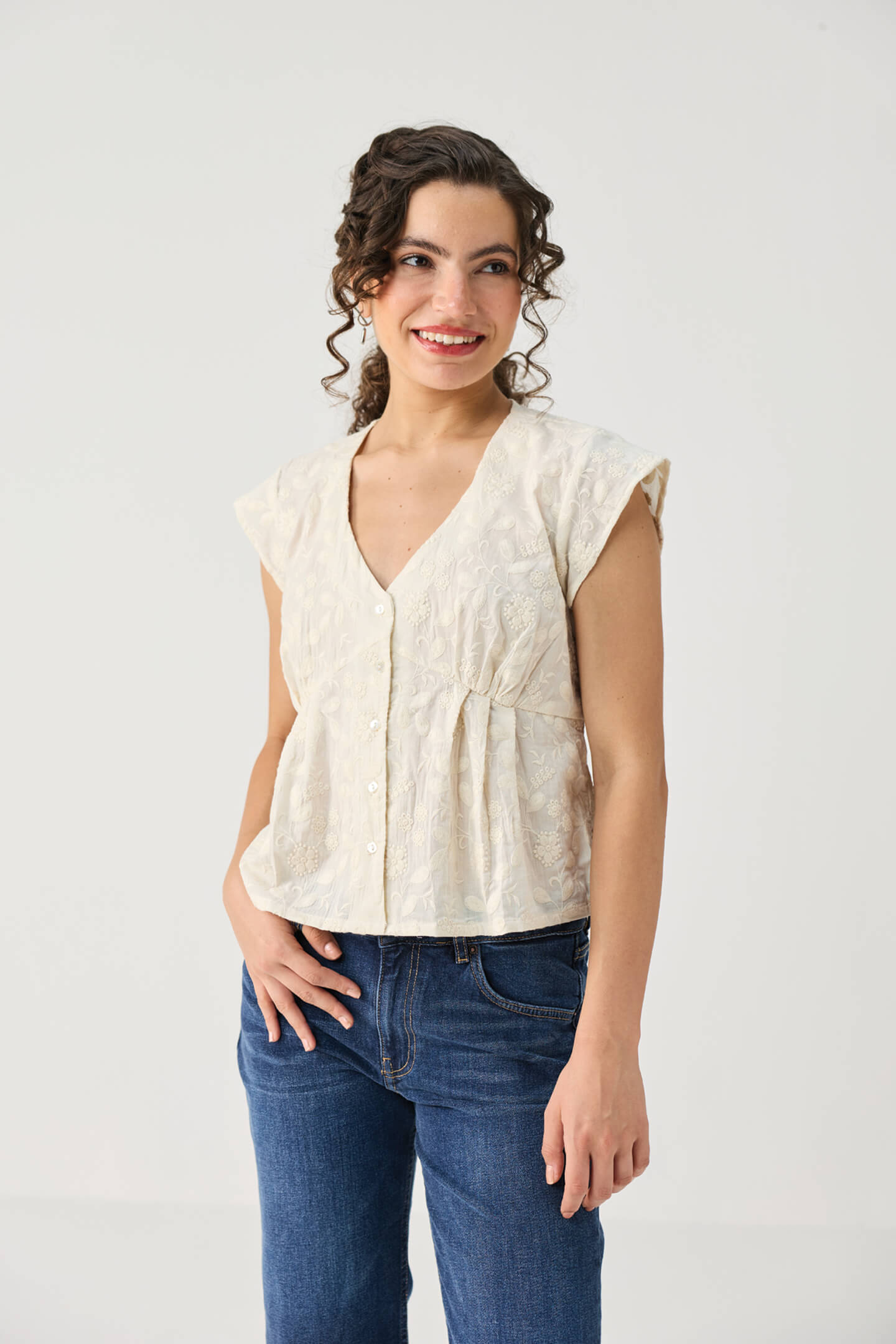 Embroidered Deep V Neck Top in Cream