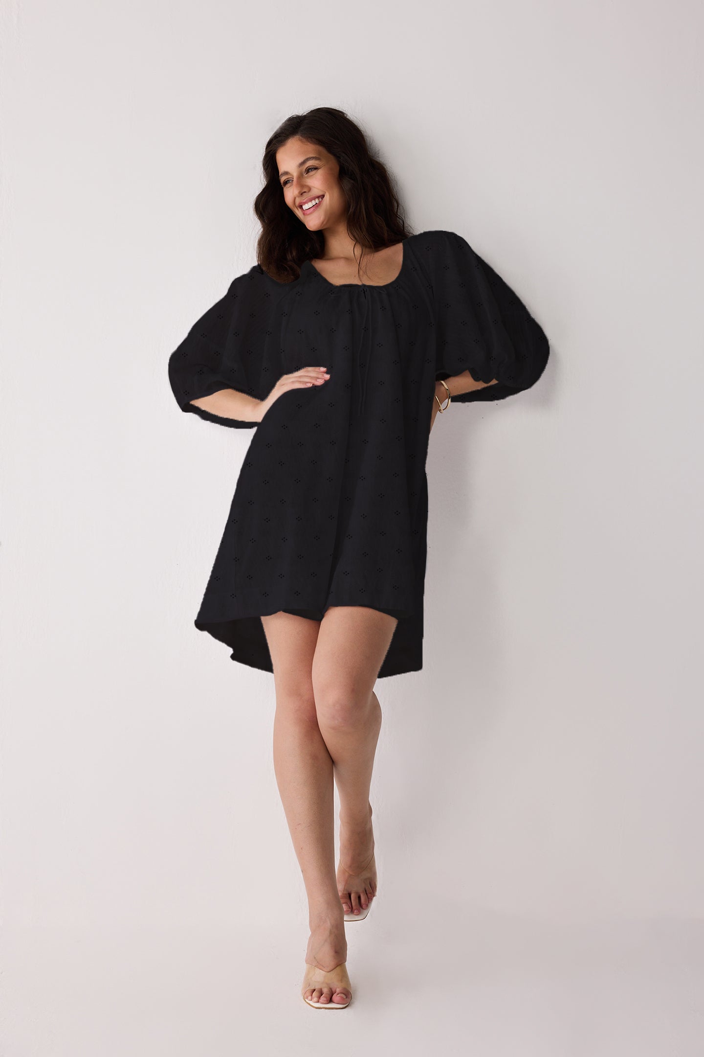 Puff Sleeved Dress with Drawstring Neckline in Black