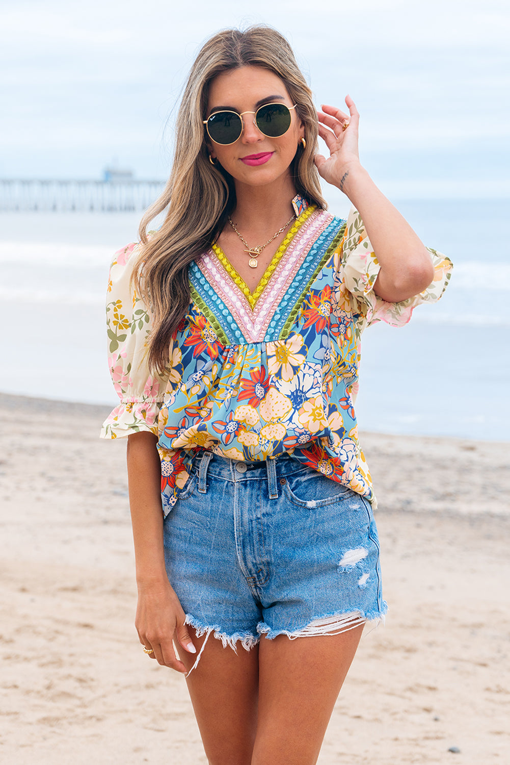 Gwen Crochet V Neck Boho Floral Blouse-3