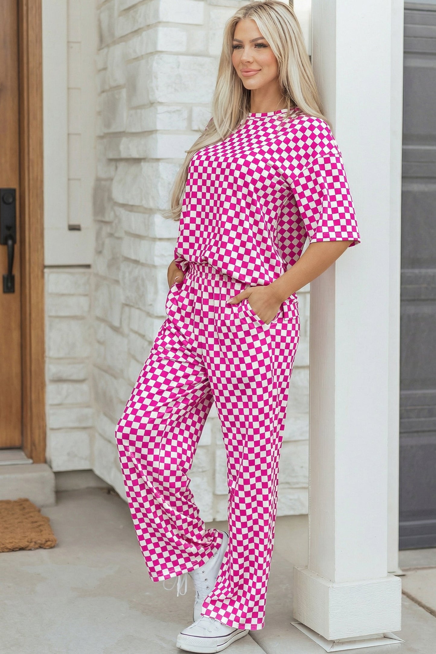 Elisa Checkered Print Half Sleeve Lounge Set | Rose