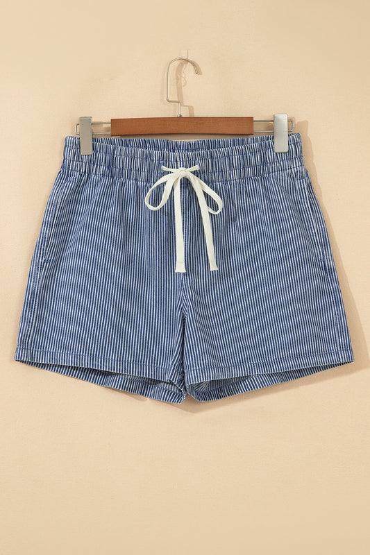 Stripe Denim Drawstring Elastic Waist Shorts
