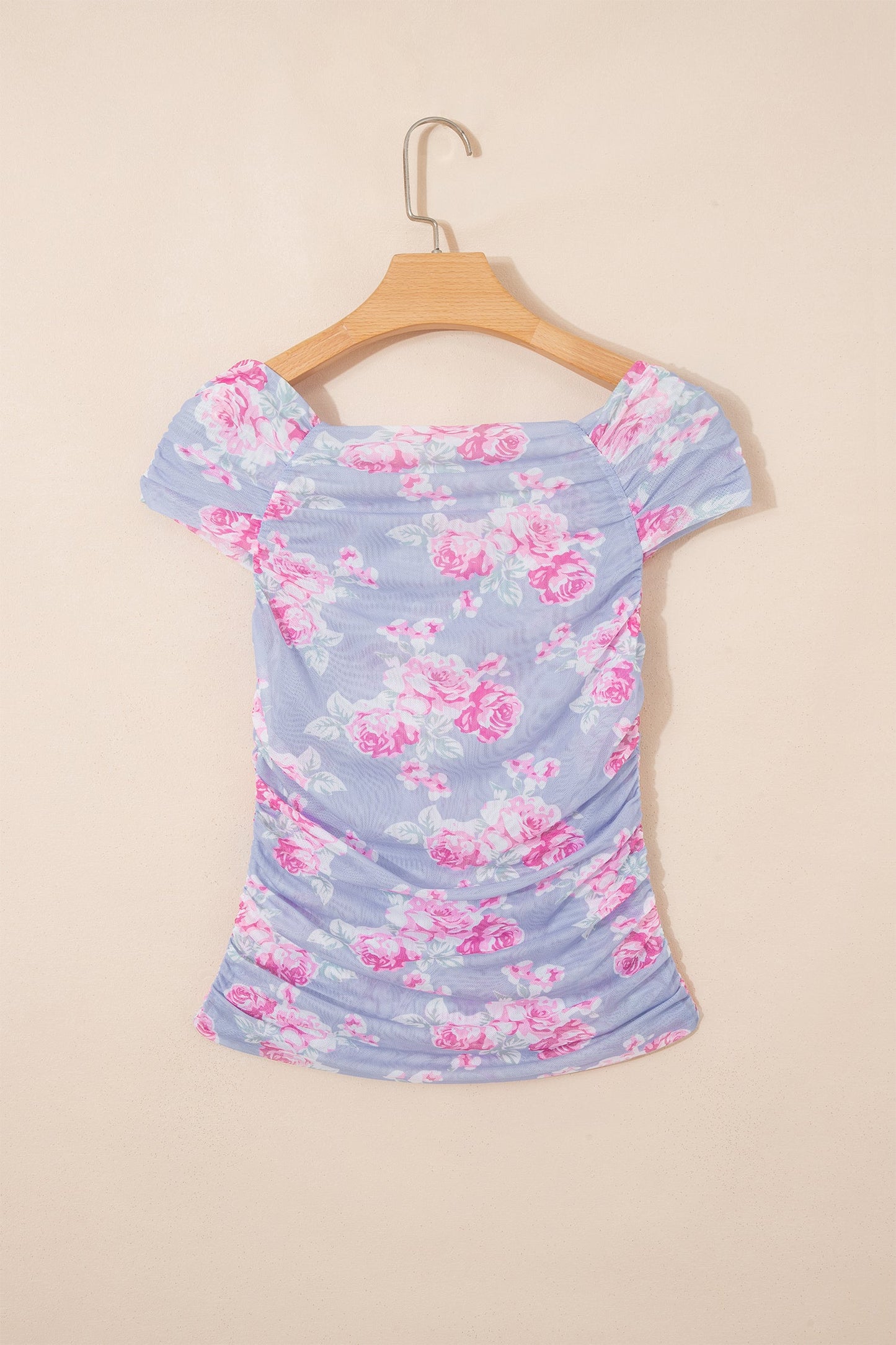 Floral Mesh Square Neck Cap Sleeve Ruched Top
