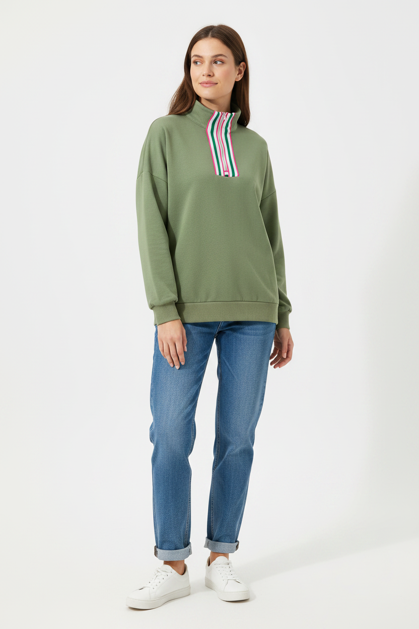 Patchwork Zip Collar Pullover Sweatshirt